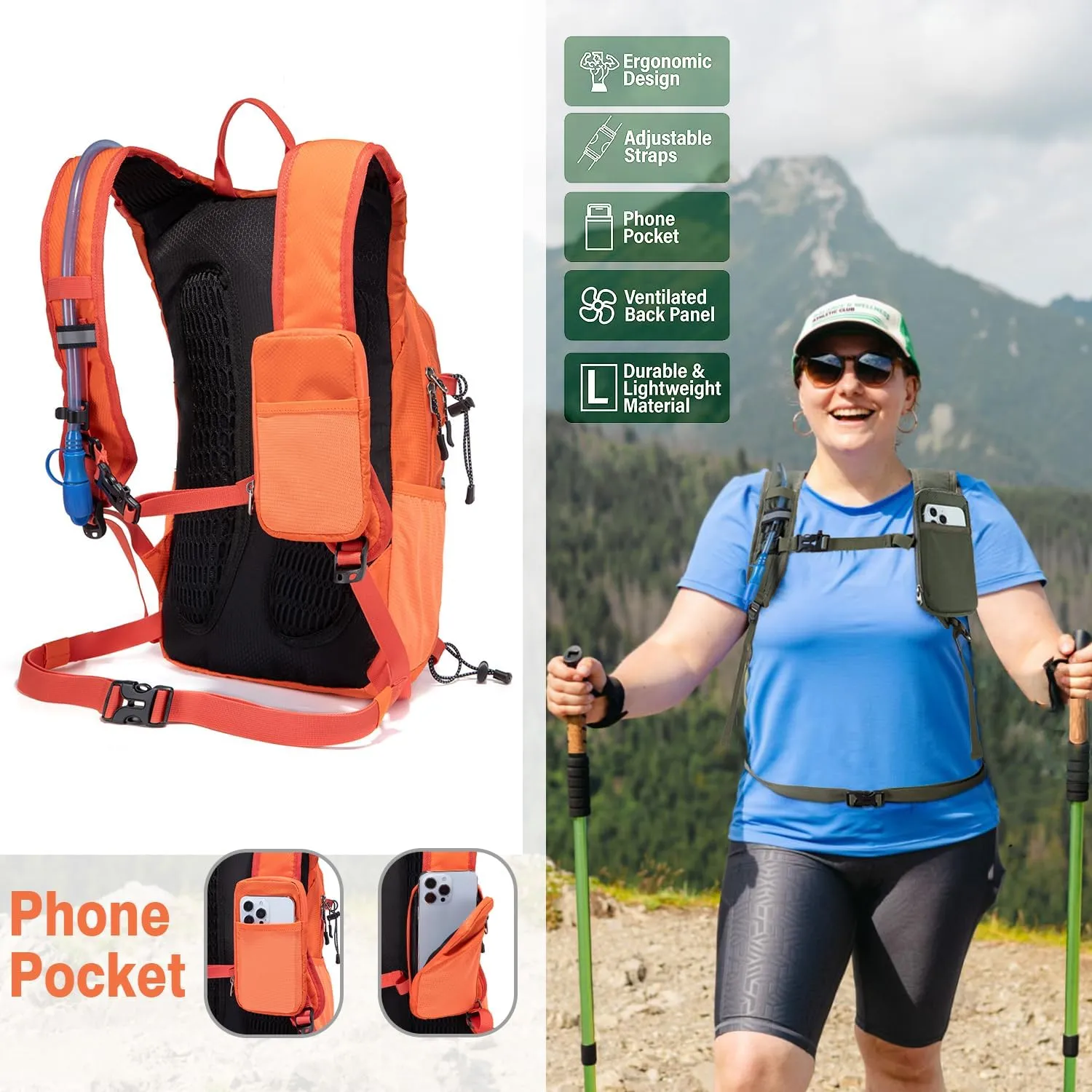 Insulated Hydration Backpack Pack with 2L Water Bladder Lightweight 22L Hiking Backpack Bag for Women Men Daypack for Hiking Running Festival Camping Biking