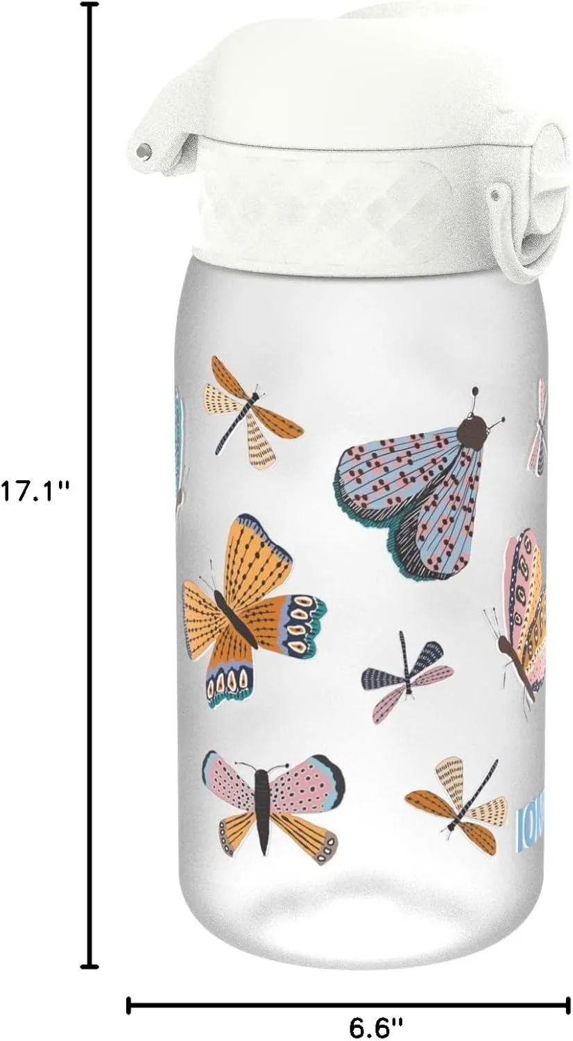 ION8 Small Water Bottle, 350 ml/12 oz, Leak Proof, Easy to Open, Secure Lock, Dishwasher Safe, BPA Free, Carry Handle, Hygienic Flip Cover, Easy Clean, Odor Free, Carbon Neutral, White, Wild Butterfly