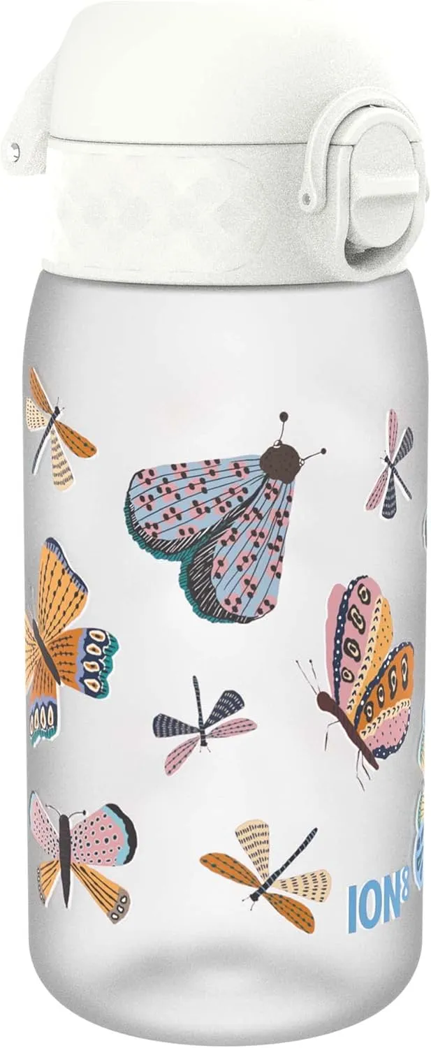 ION8 Small Water Bottle, 350 ml/12 oz, Leak Proof, Easy to Open, Secure Lock, Dishwasher Safe, BPA Free, Carry Handle, Hygienic Flip Cover, Easy Clean, Odor Free, Carbon Neutral, White, Wild Butterfly