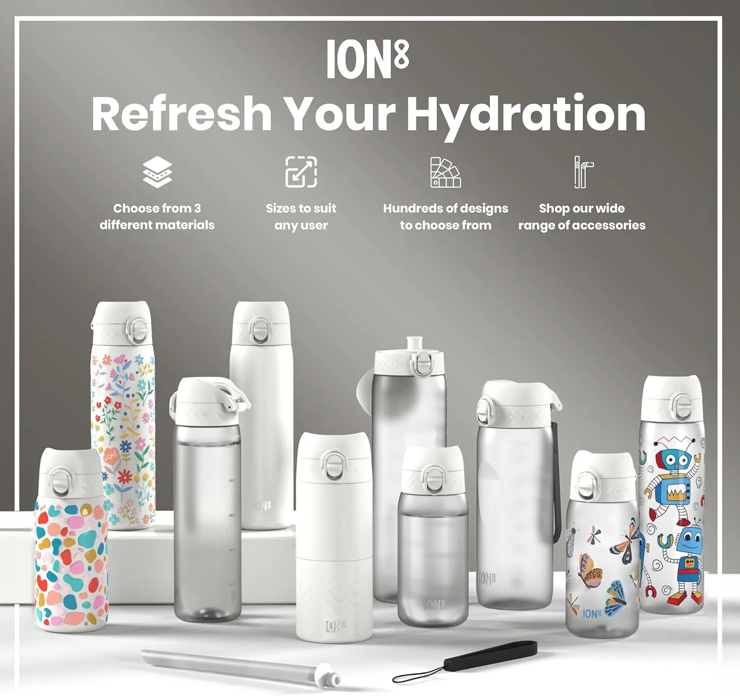 ION8 Small Water Bottle, 350 ml/12 oz, Leak Proof, Easy to Open, Secure Lock, Dishwasher Safe, BPA Free, Carry Handle, Hygienic Flip Cover, Easy Clean, Odor Free, Carbon Neutral, White, Wild Butterfly