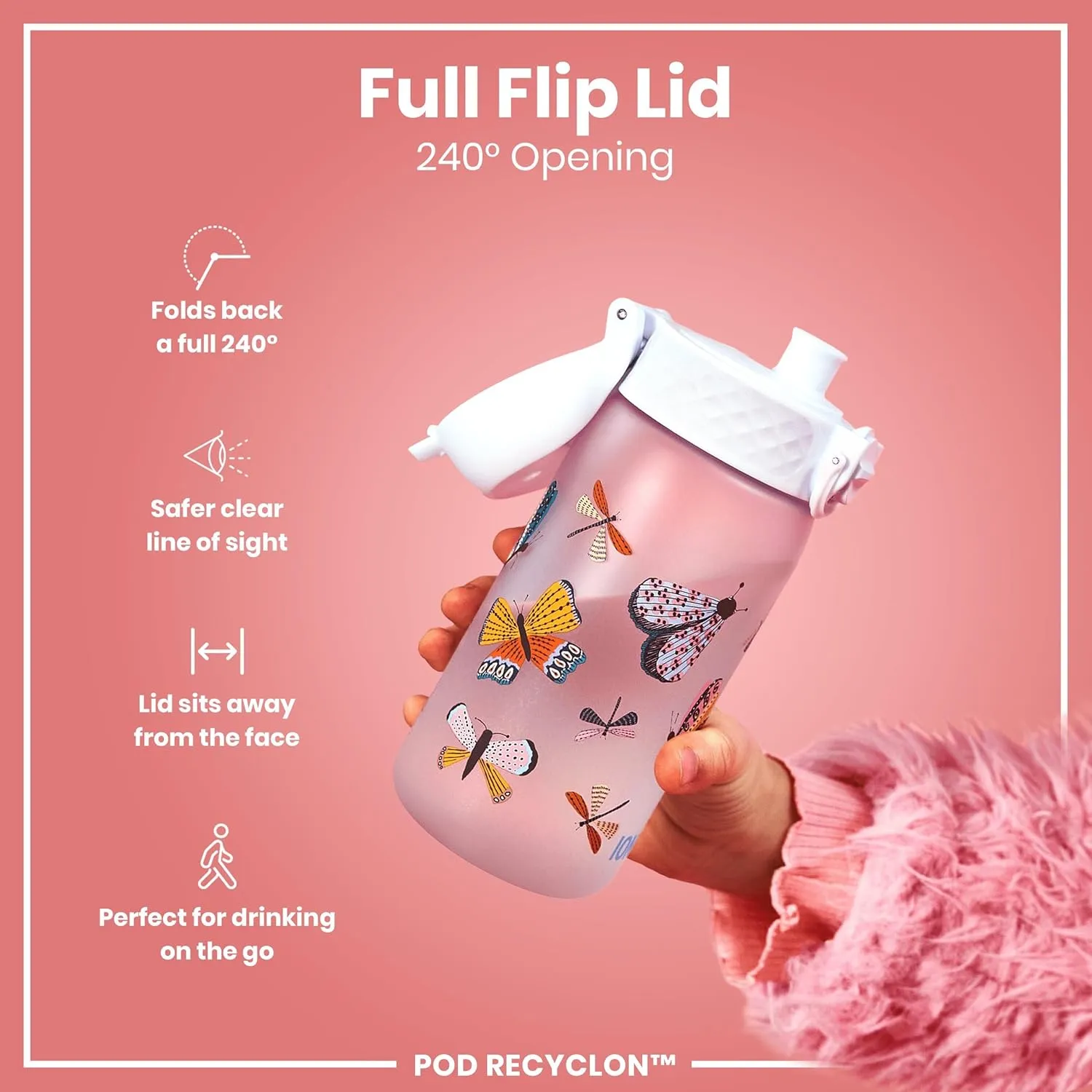 ION8 Small Water Bottle, 350 ml/12 oz, Leak Proof, Easy to Open, Secure Lock, Dishwasher Safe, BPA Free, Carry Handle, Hygienic Flip Cover, Easy Clean, Odor Free, Carbon Neutral, White, Wild Butterfly