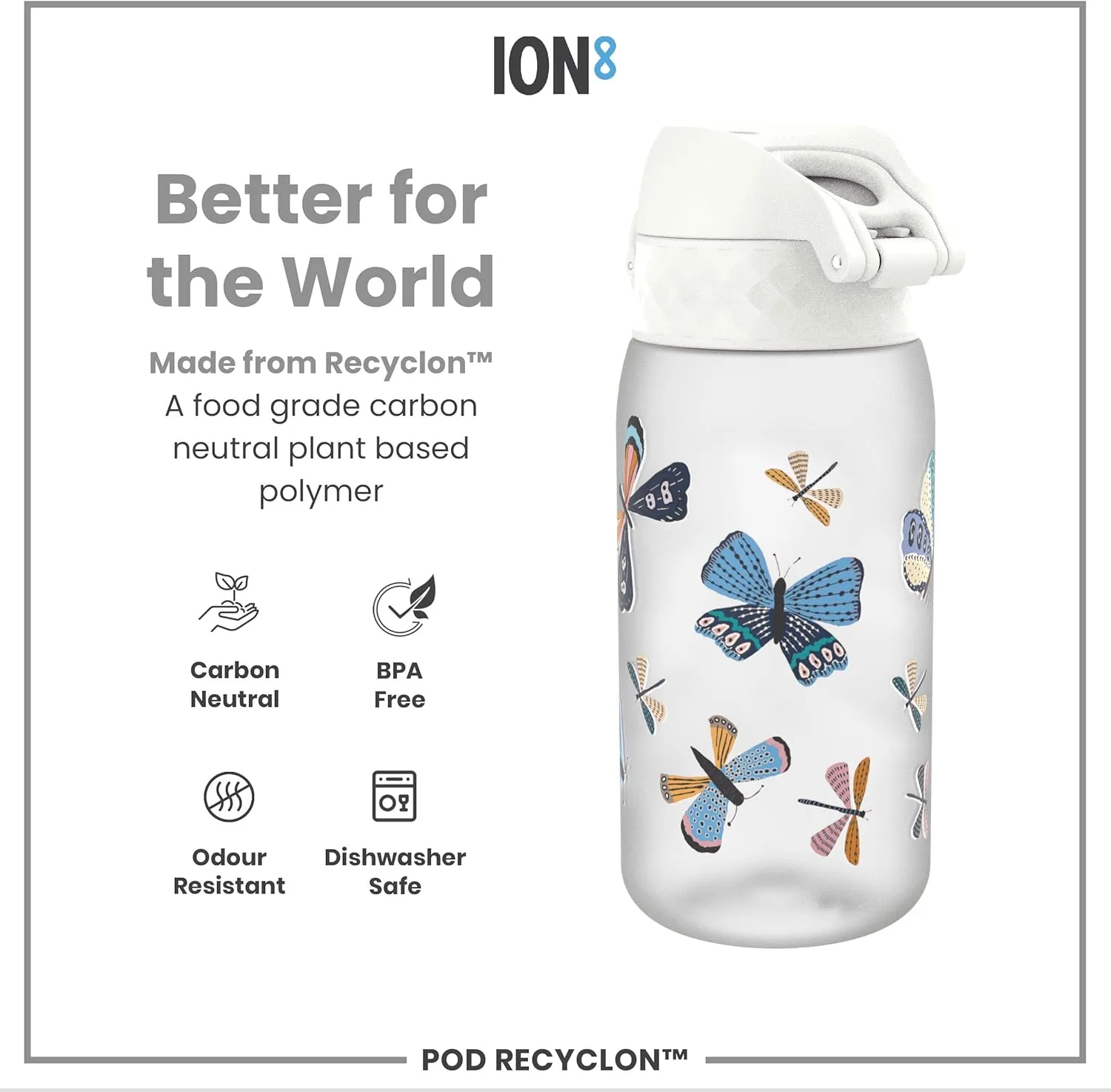 ION8 Small Water Bottle, 350 ml/12 oz, Leak Proof, Easy to Open, Secure Lock, Dishwasher Safe, BPA Free, Carry Handle, Hygienic Flip Cover, Easy Clean, Odor Free, Carbon Neutral, White, Wild Butterfly