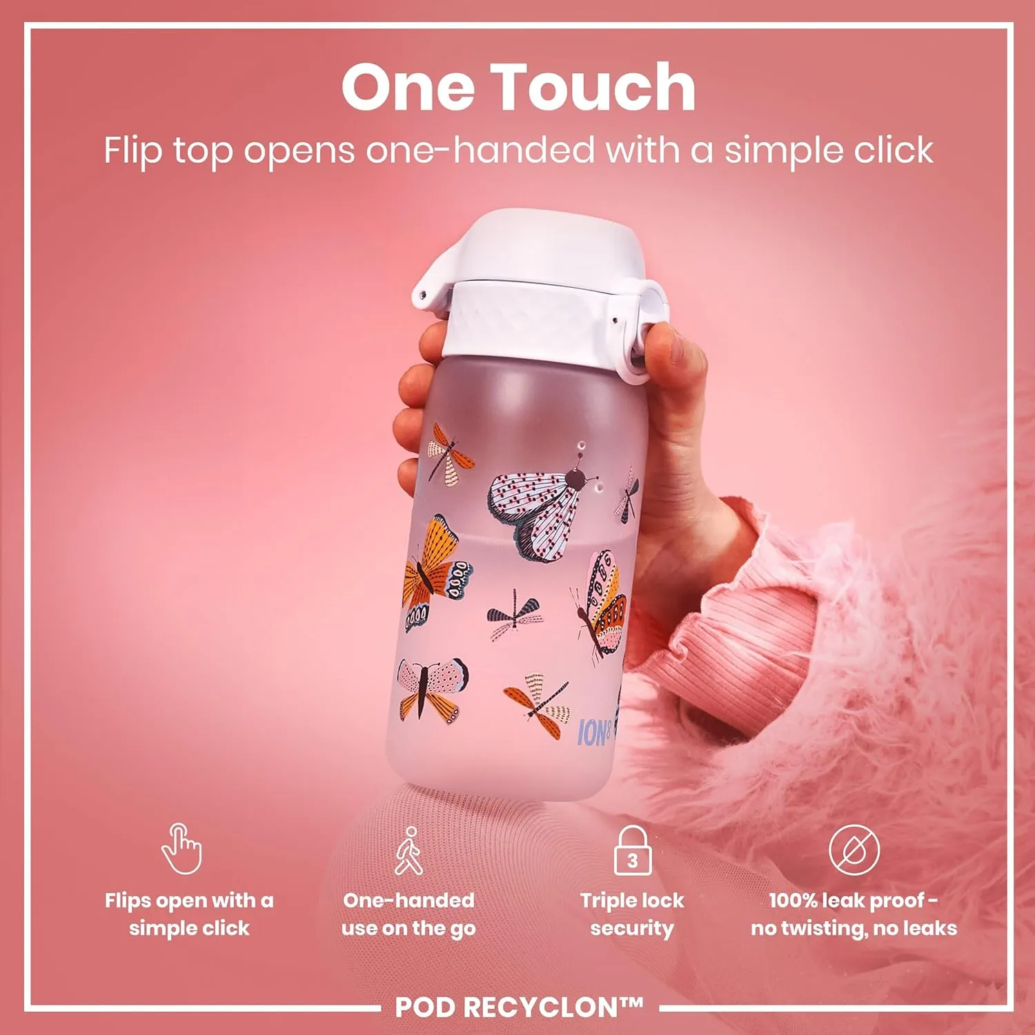 ION8 Small Water Bottle, 350 ml/12 oz, Leak Proof, Easy to Open, Secure Lock, Dishwasher Safe, BPA Free, Carry Handle, Hygienic Flip Cover, Easy Clean, Odor Free, Carbon Neutral, White, Wild Butterfly