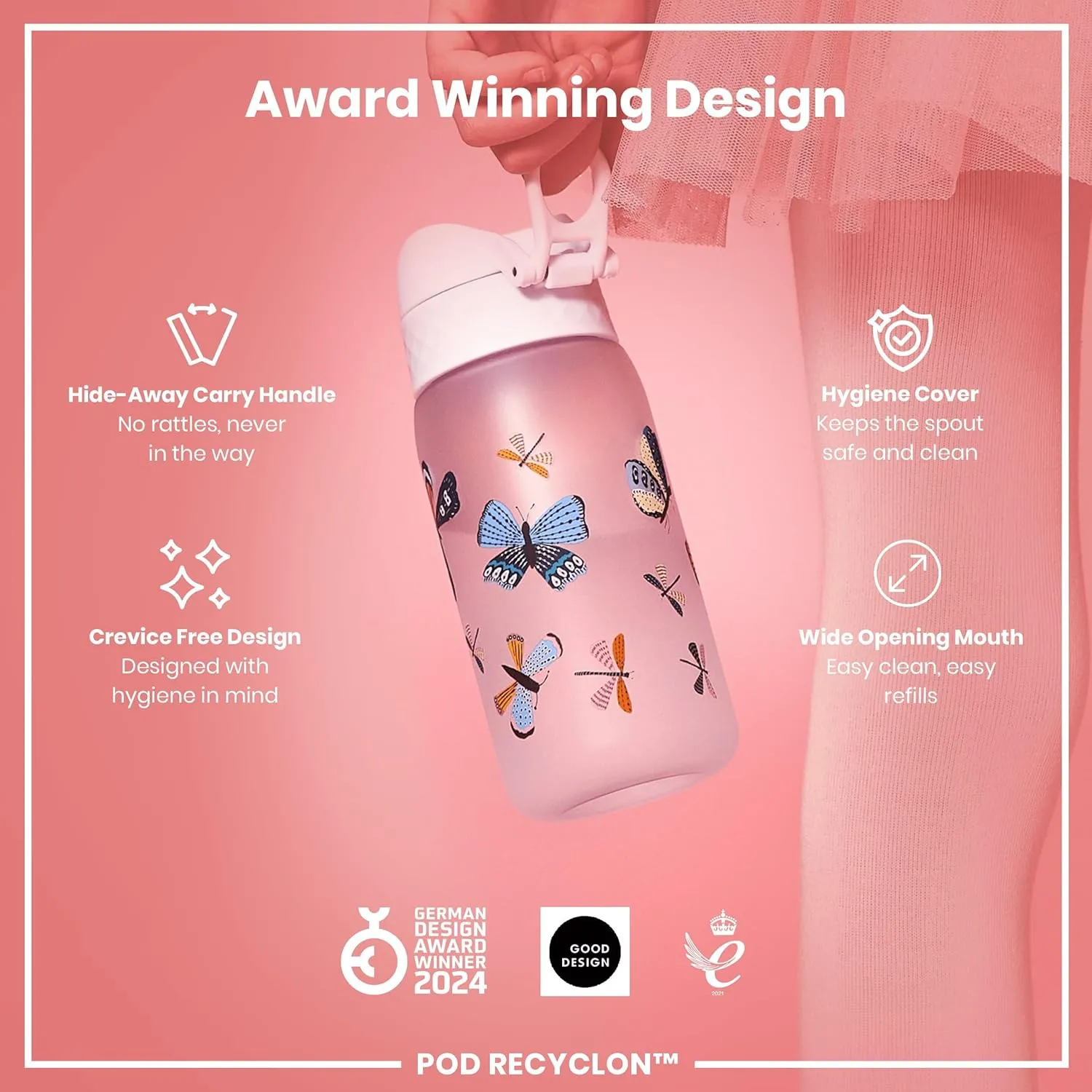 ION8 Small Water Bottle, 350 ml/12 oz, Leak Proof, Easy to Open, Secure Lock, Dishwasher Safe, BPA Free, Carry Handle, Hygienic Flip Cover, Easy Clean, Odor Free, Carbon Neutral, White, Wild Butterfly