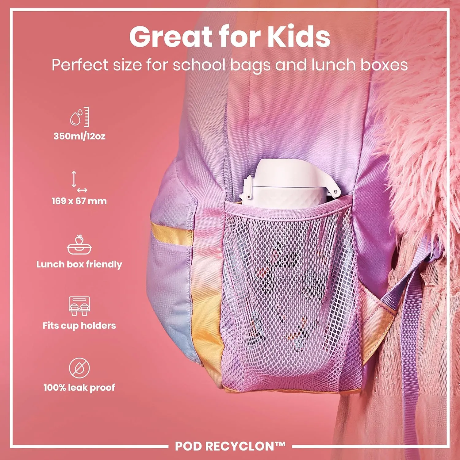 ION8 Small Water Bottle, 350 ml/12 oz, Leak Proof, Easy to Open, Secure Lock, Dishwasher Safe, BPA Free, Carry Handle, Hygienic Flip Cover, Easy Clean, Odor Free, Carbon Neutral, White, Wild Butterfly