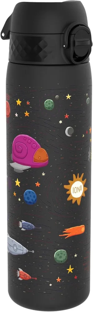 Ion8 Water Bottle, 500 ml/18 oz, Leak Proof, Easy to Open, Secure Lock, Dishwasher Safe, BPA Free, Hygienic Flip Cover, Carry Handle, Easy Clean, Odor Free, Carbon Neutral, Black, Spaceships Design