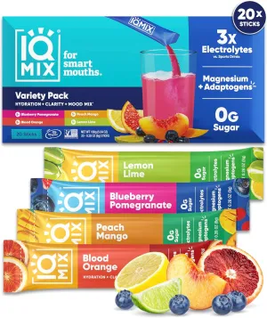 IQMIX Hydration Electrolyte Powder – 4-in-1 Formula for Hydration, Mental Clarity, Mood and Recovery – Sugar-Free Drink Mix, Keto, Magnesium L-Threonate, Lion’s Mane – 20 Count Variety Pack