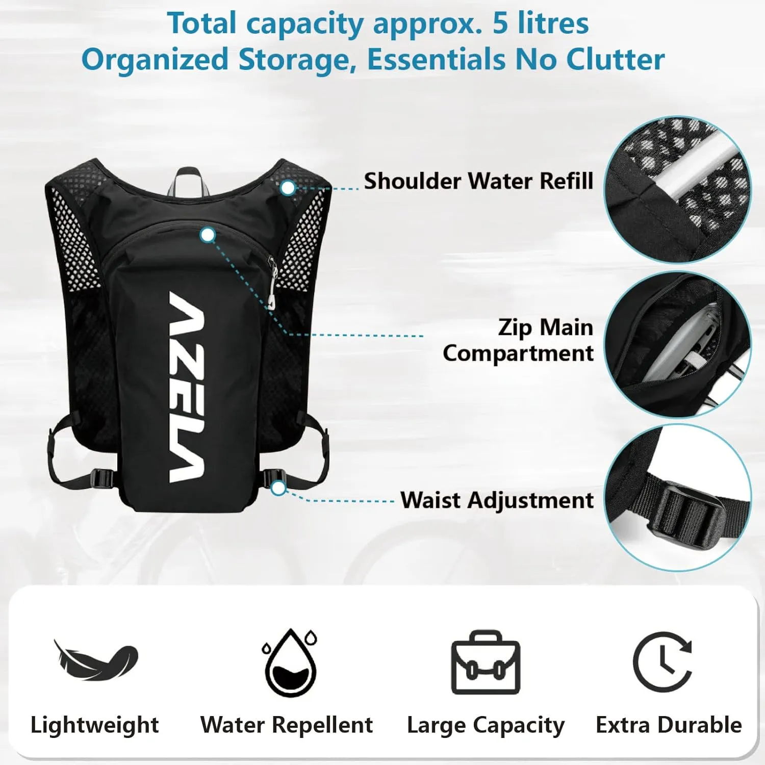 JEELAD 5L Hydration Backpack with 1.5L Water Bladder for Hiking Trail Running Gear Cycling Marathon