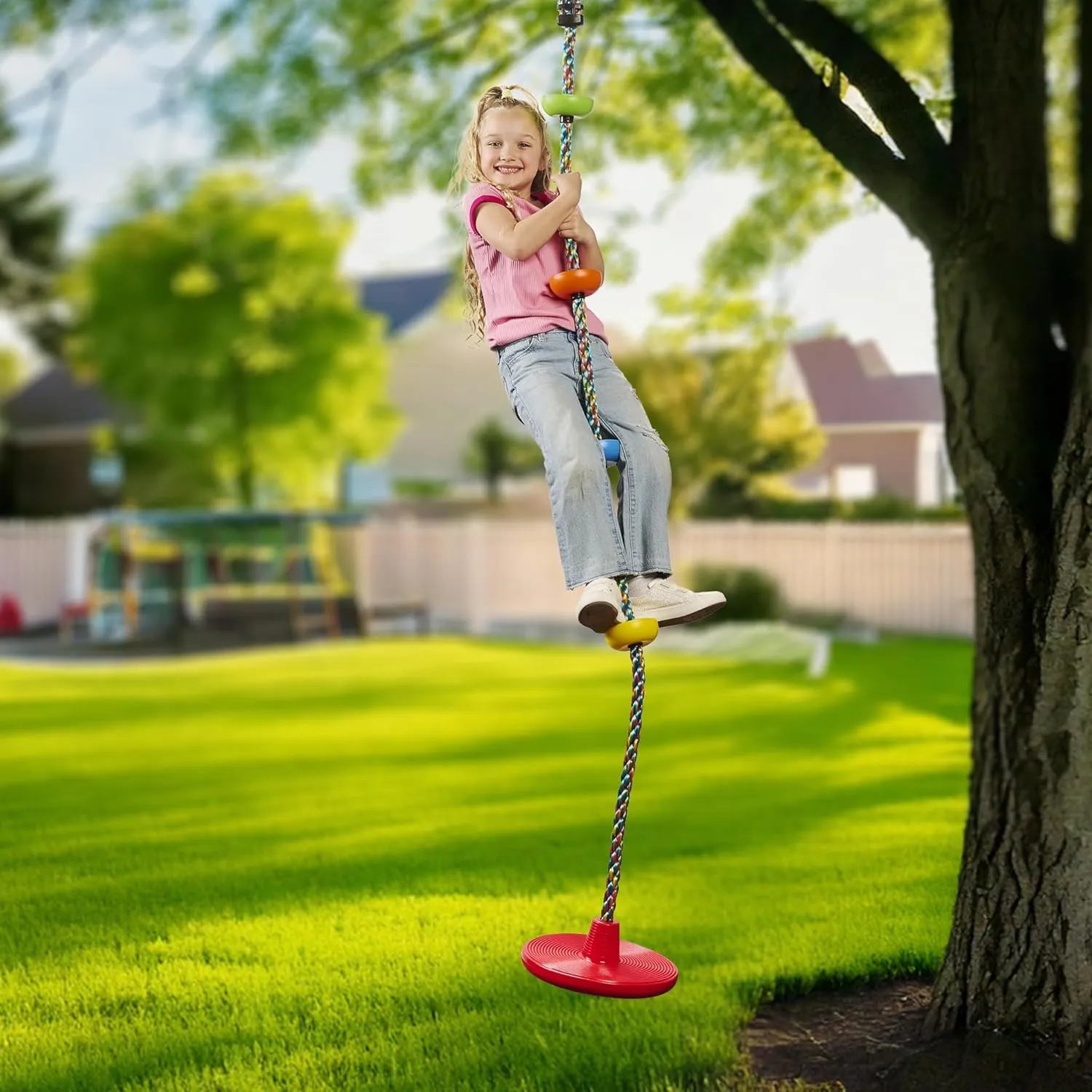 Jungle Gym Kingdom Tree Swing for Kids - Single Disc Seat and Brown Climbing Rope Set w/Carabiner and 4 Foot Strap - Treehouse and Outdoor Playground Accessories - Green