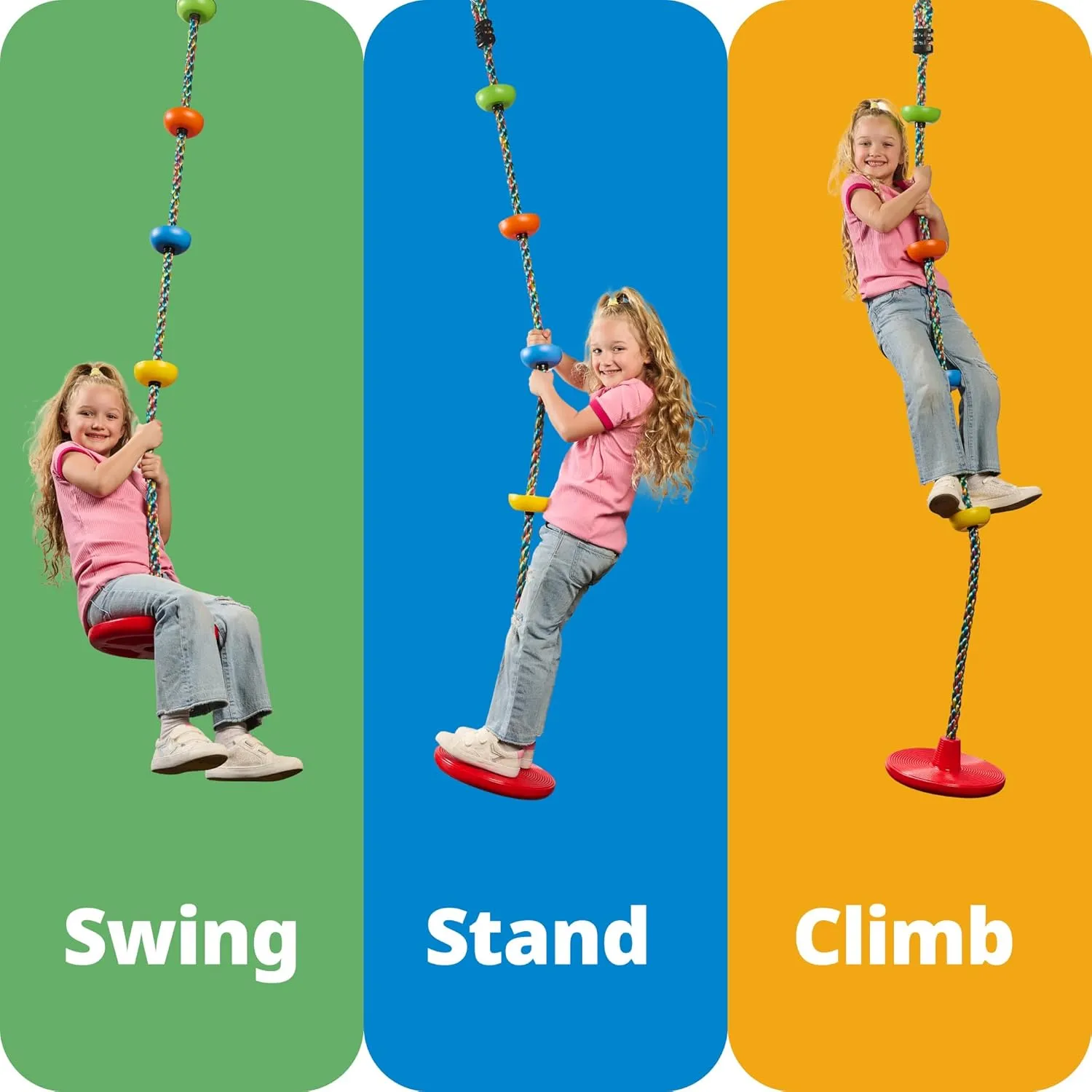 Jungle Gym Kingdom Tree Swing for Kids - Single Disc Seat and Brown Climbing Rope Set w/Carabiner and 4 Foot Strap - Treehouse and Outdoor Playground Accessories - Green