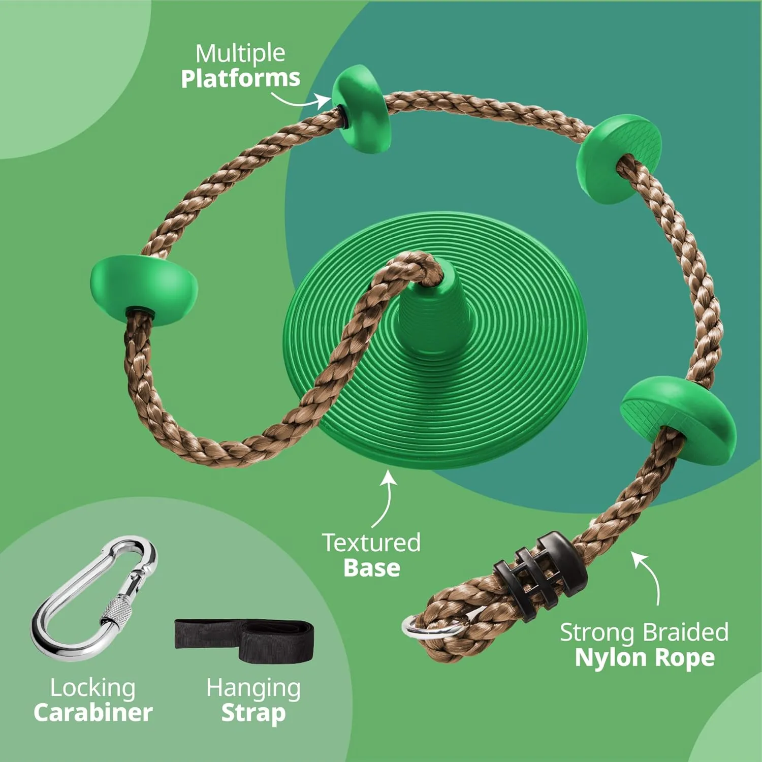 Jungle Gym Kingdom Tree Swing for Kids - Single Disc Seat and Brown Climbing Rope Set w/Carabiner and 4 Foot Strap - Treehouse and Outdoor Playground Accessories - Green