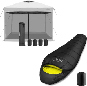 KAMPKEEPER 10x10 Pop Up Canopy with Mosquito Netting, Screen Tent with Mesh Sides(White) Mummy Sleeping Bag for Adults,3-4 Seasons Cold Weather(Black & Yellow)