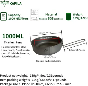 KAPILA Ultralight Titanium Fry pan Outdoor Camping Hiking Picnic Cooking Frying Pan 1000ML with foldable handle (1000ml)