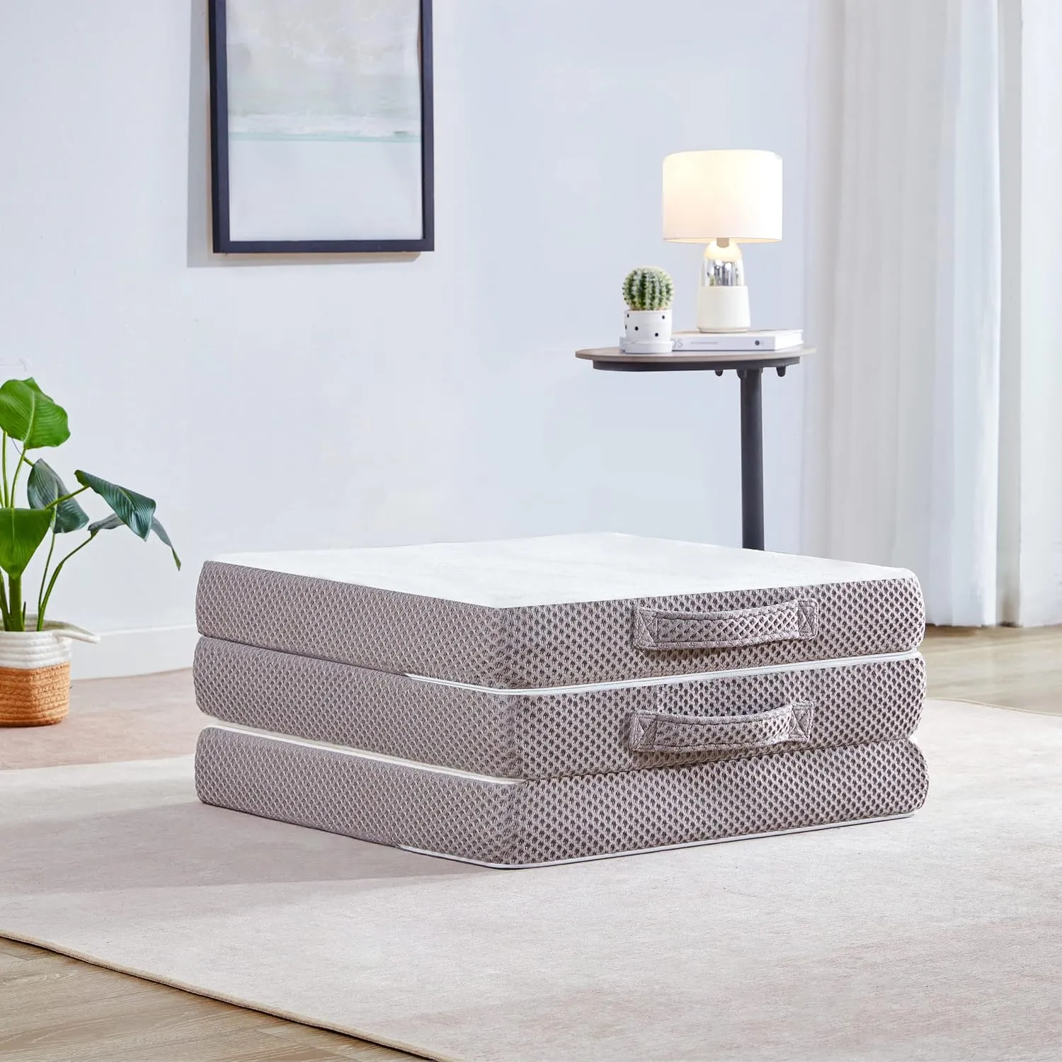 Kingfun Foldable Mattress 4 Inch Folding Mattress Tri-fold Gel Memory Foam Breathable with Storage Bag, Portable Floor Guest Bed Soft for Sleeping Camping, Gray, Full Size