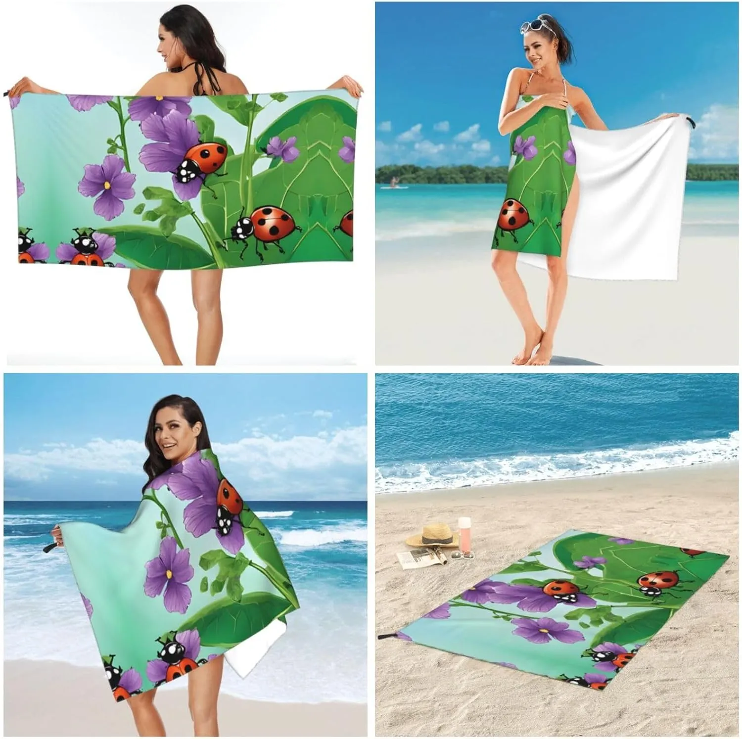 (Ladybug) Quick Dry Beach Towel Lightweight Absorbent Sand Proof Travel Towel for Outdoor Pool Gym 27.5"X55"