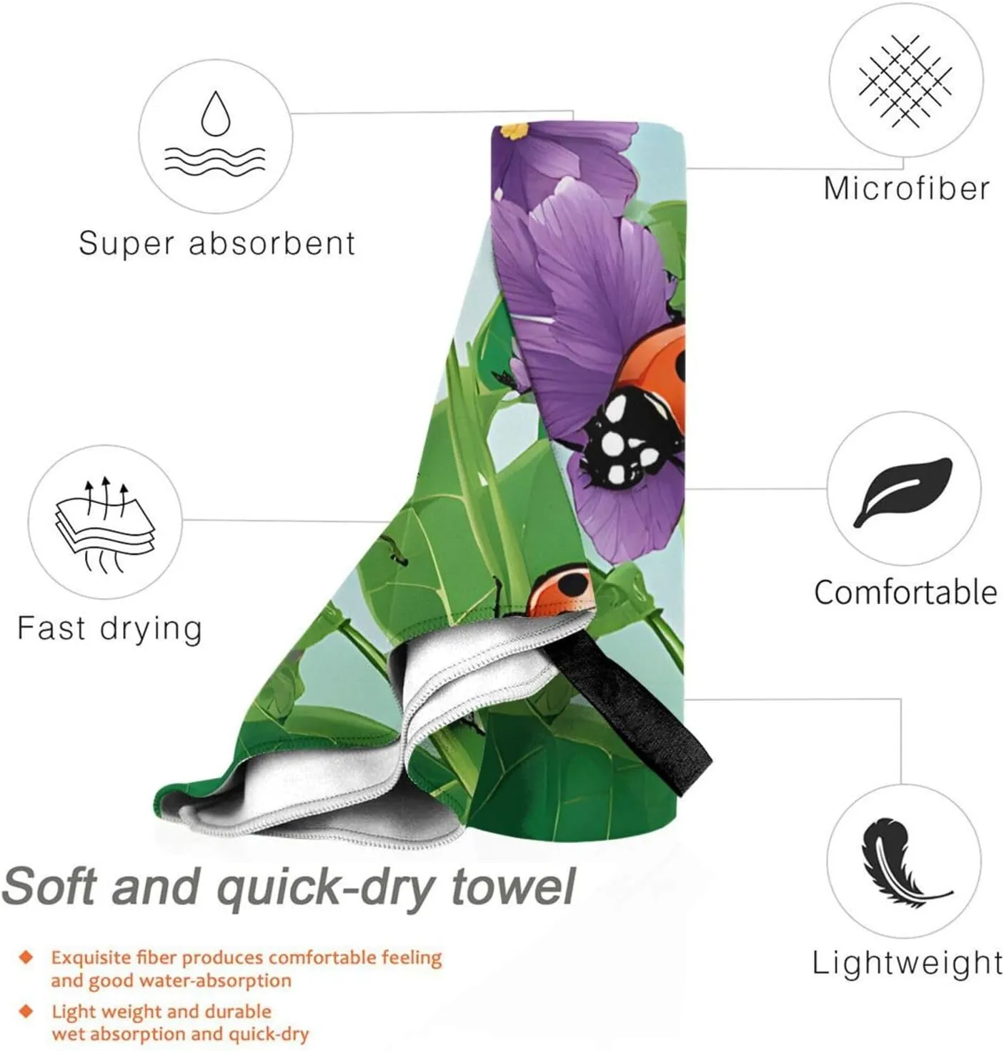 (Ladybug) Quick Dry Beach Towel Lightweight Absorbent Sand Proof Travel Towel for Outdoor Pool Gym 27.5"X55"