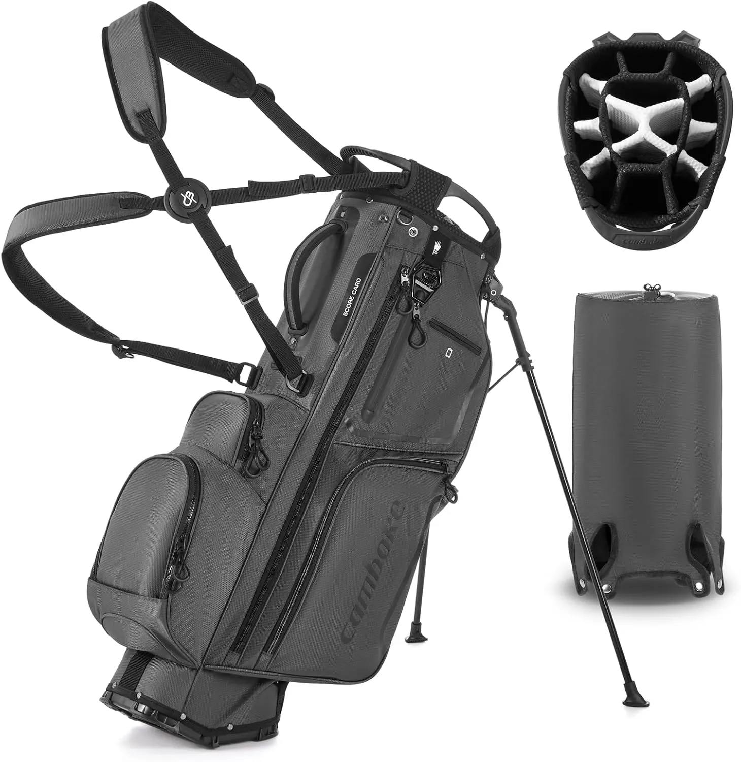Lightweight Golf Stand Bag with Toughened Stand, 14 Way Full-Length Dividers Top, Design Base for Golf Carts, Ergonomic X-Fit Dual Strap and Padded, Rain Hood, for Men Women, Grey