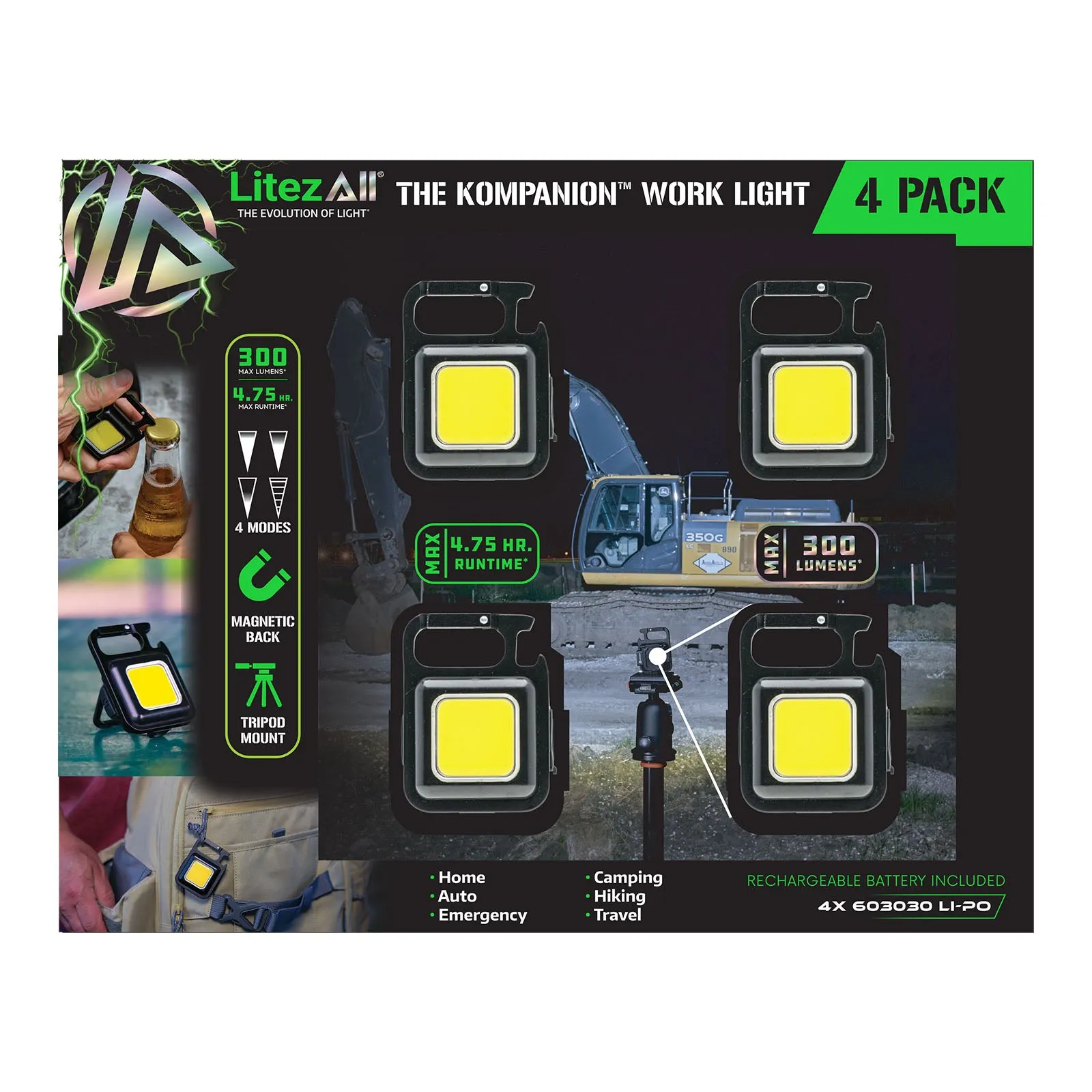 LitezAll Rechargeable 300 Lumen Kompanion 4-Pack Gift Box