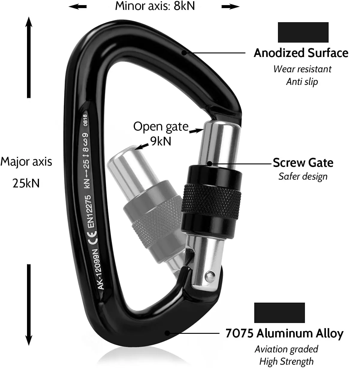Locking Carabiner - 25kN 5600lb Climbing Carabiner Screw Gate D Shape Carabiner