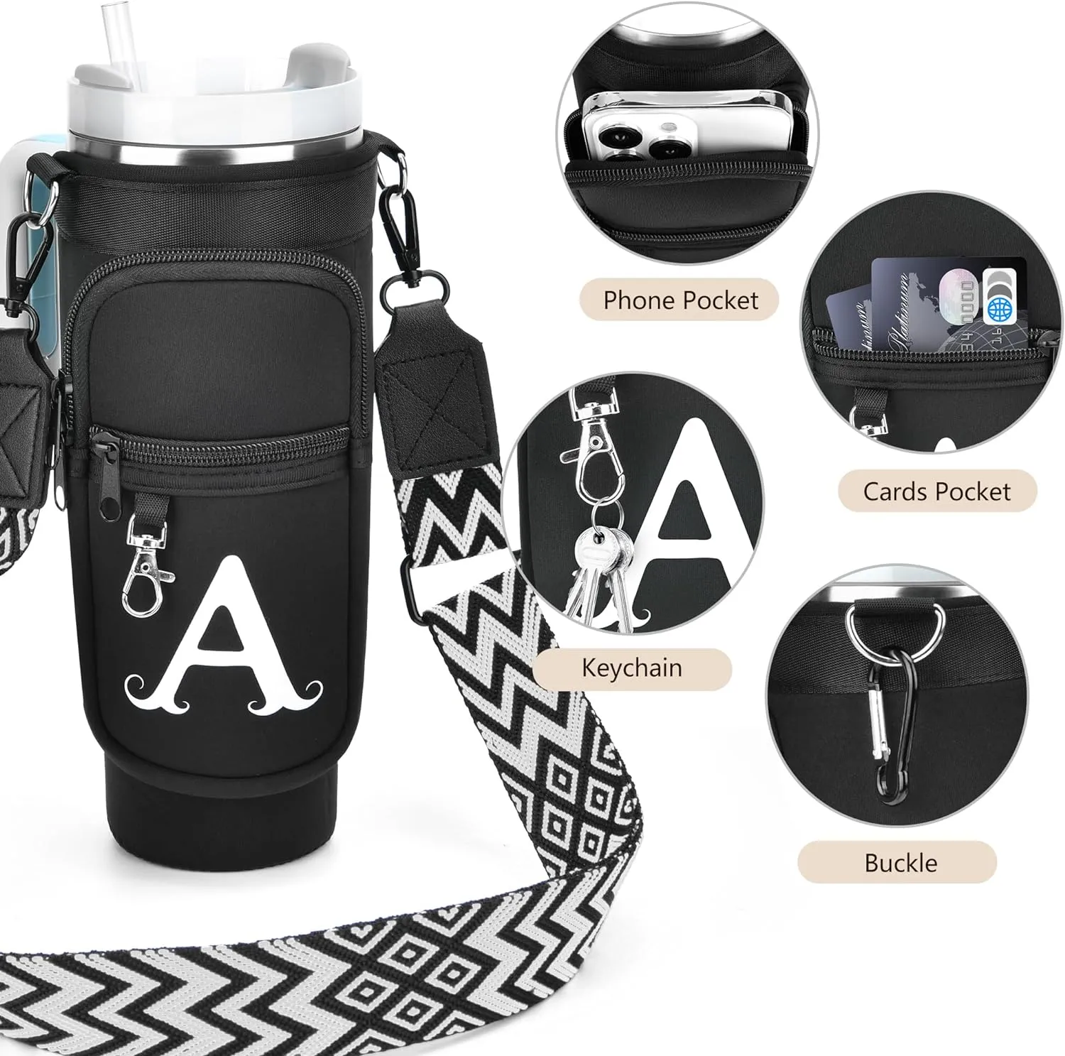 LOKASS Water Bottle Holder with Strap for Stanley Cup 30 oz Tumbler with Handle, Personalized Initial Gift, Water Bottle Carrier Bag with Phone Pocket & Carabiner for Stanley Cup Accessories