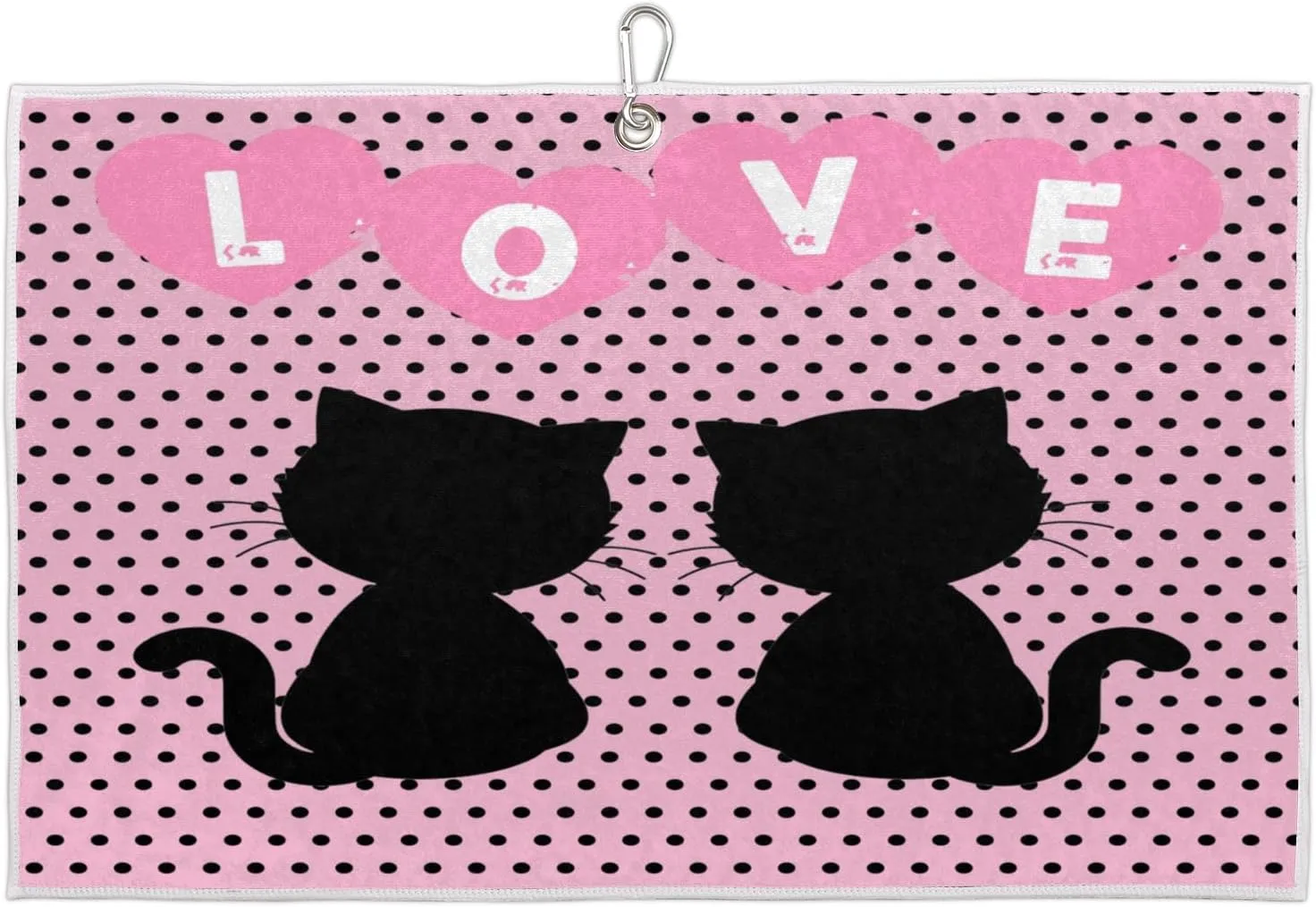 Love Polka Dot Couple Cat Golf Towel with Heavy Duty Carabiner Clip Quick Dry Ultra Absorbent Club Ball Cleaning Towel Golf Accessories for Men Women