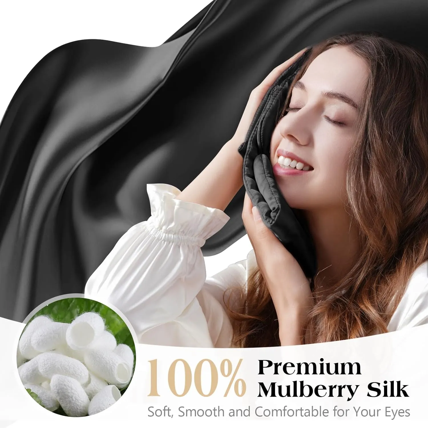 Luxury Silk Sleep Mask, 100% Natural Mulberry Silk, Comfortable Soft for Deep Sleeping, Blackout Effect, Adjustable Band, Eye Mask for Women and Man, Travel& Office& Daily use(Black),Mother's Day Gift