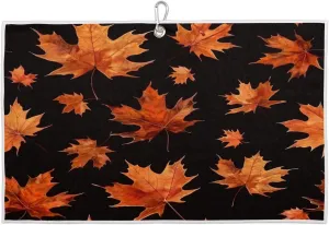 Maple Leaves Orange Golf Towel with Heavy Duty Carabiner Ultra Absorbent Quick Dry Perfect for Cleaning Clubs Balls Gear Essential Golf Accessory for Men Women Kids