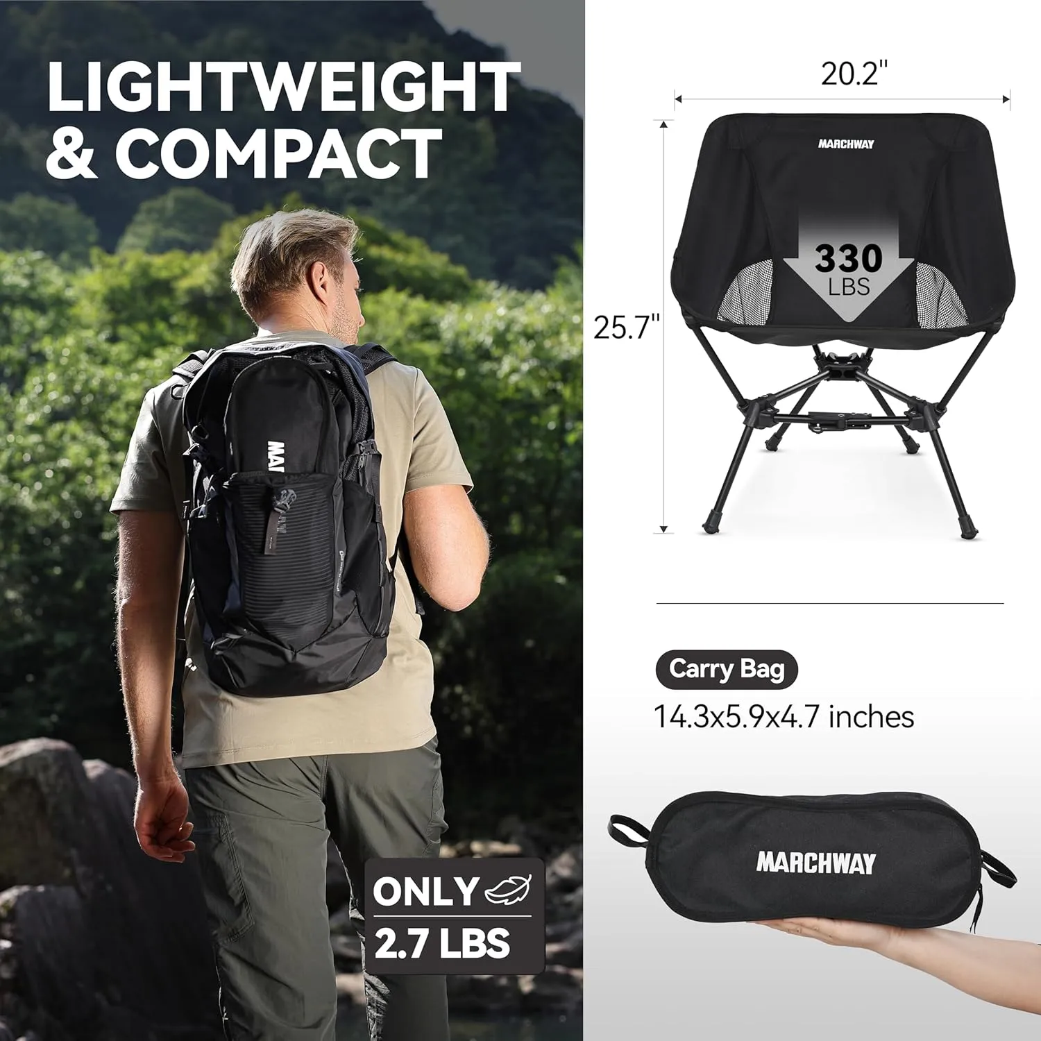 MARCHWAY Lightweight Folding Camping Chair with Spring Lock, Stable Compact Portable for Outdoor Camp, Travel, Beach, Picnic, Festival, Hiking, Backpacking (Lowback Black)
