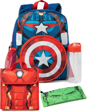 Marvel Boys 4 Piece Backpack Set | Kids Superhero Rucksack Bundle with School Bag, Pencil Case, Lunch Bag & Water Bottle