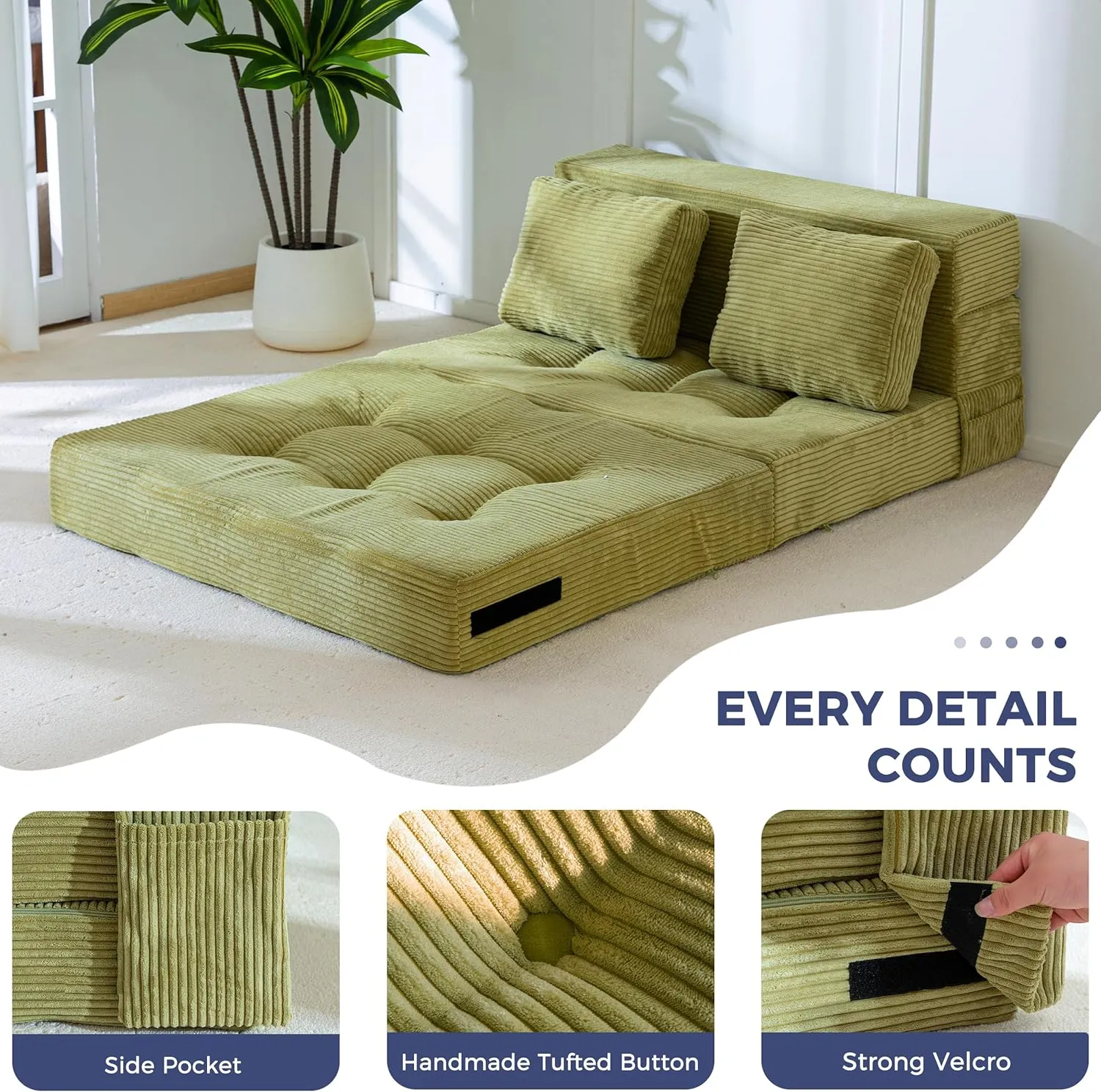 MAXYOYO Convertible Sofa Bed, Fold Out Loveseat Sleeper Sofa with Pillow, 4 in 1 Tufted Folding Couch Bed Foam Floor Couch, Lazy Chair for Living Room Bedroom Guest Room, Green