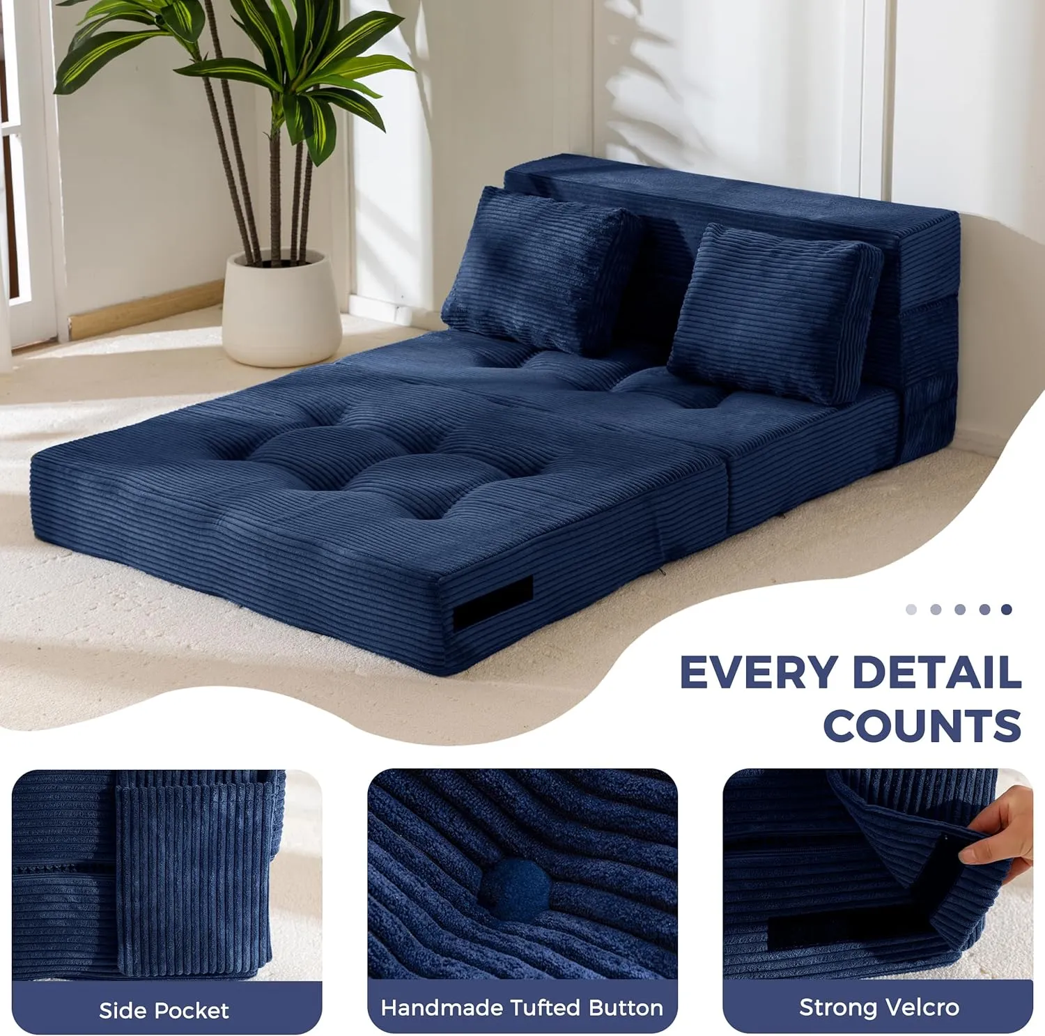 MAXYOYO Convertible Sofa Bed, Fold Out Loveseat Sleeper Sofa with Pillow, 4 in 1 Tufted Folding Couch Bed Foam Floor Couch, Lazy Chair for Living Room Bedroom Guest Room, Navy