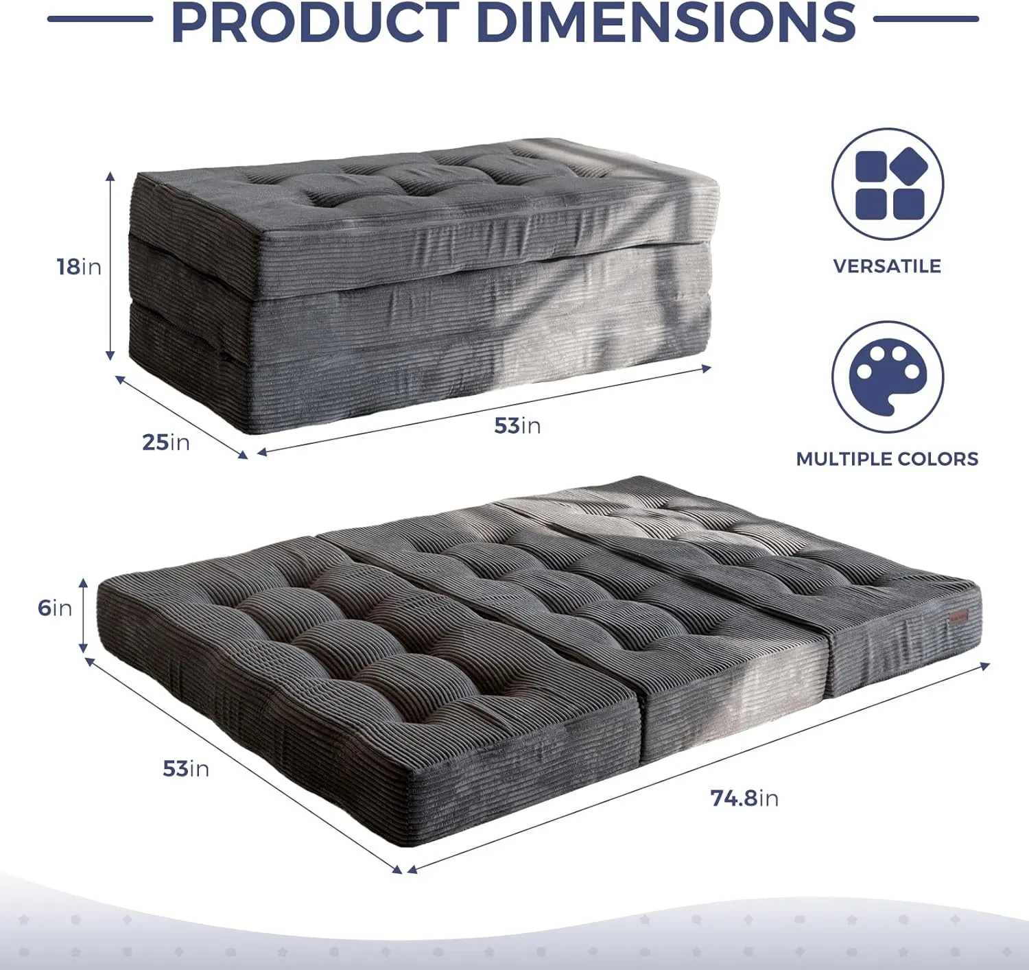 MAXYOYO Tri-Fold Mattress, 6 Inch Tufted Folding Mattress Full Foam Bed, Foldable Floor Mattress Guest Bed Mattress Topper Portable Camping Sleeping Couch with Corded Fabric, Dark Grey, 53"x75"