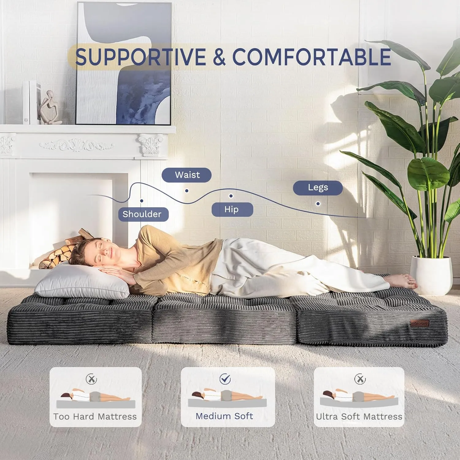 MAXYOYO Tri-Fold Mattress, 6 Inch Tufted Folding Mattress Full Foam Bed, Foldable Floor Mattress Guest Bed Mattress Topper Portable Camping Sleeping Couch with Corded Fabric, Dark Grey, 53"x75"