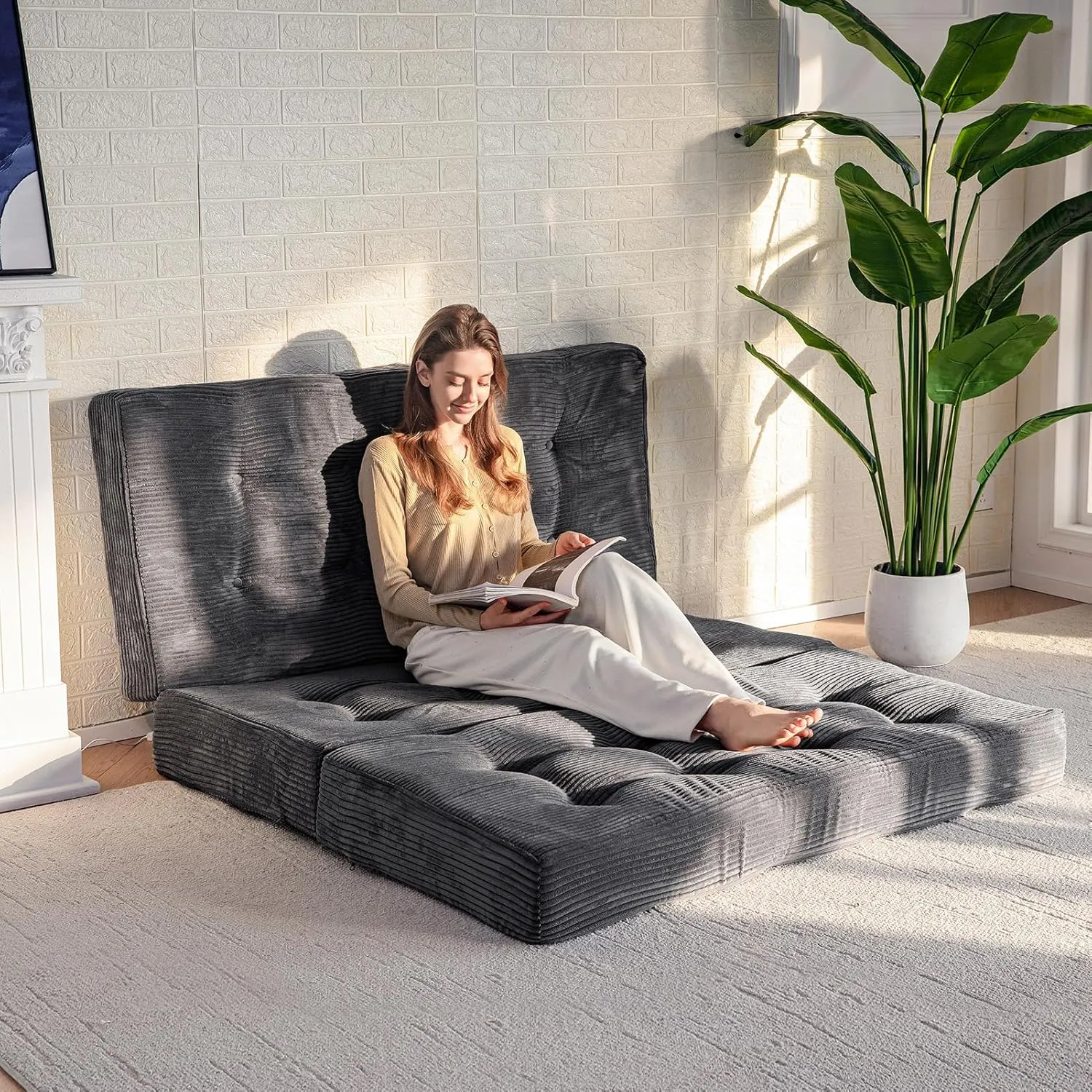MAXYOYO Tri-Fold Mattress, 6 Inch Tufted Folding Mattress Full Foam Bed, Foldable Floor Mattress Guest Bed Mattress Topper Portable Camping Sleeping Couch with Corded Fabric, Dark Grey, 53"x75"