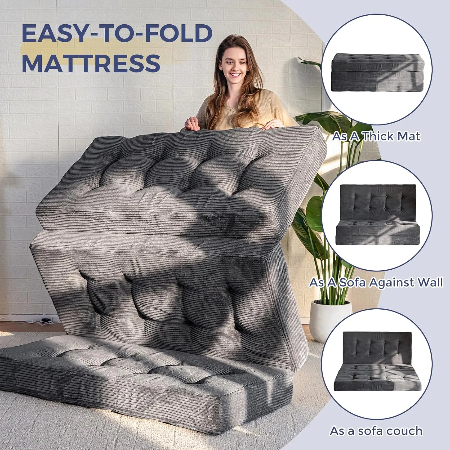 MAXYOYO Tri-Fold Mattress, 6 Inch Tufted Folding Mattress Full Foam Bed, Foldable Floor Mattress Guest Bed Mattress Topper Portable Camping Sleeping Couch with Corded Fabric, Dark Grey, 53"x75"