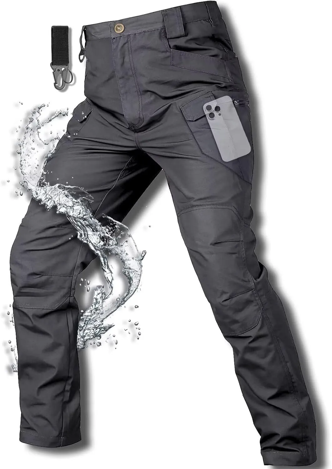 Men's Cargo Work Hiking Tactical Pants,10-Pocket,with Carabiner,Water Resistant,Lightweight Ripstop Outdoor Pants
