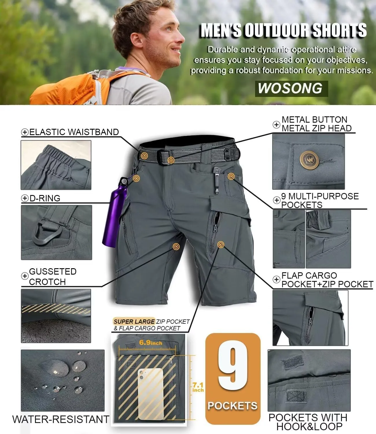 Men's Cargo Work Hiking Tactical Pants,10-Pocket,with Carabiner,Water Resistant,Lightweight Ripstop Outdoor Pants