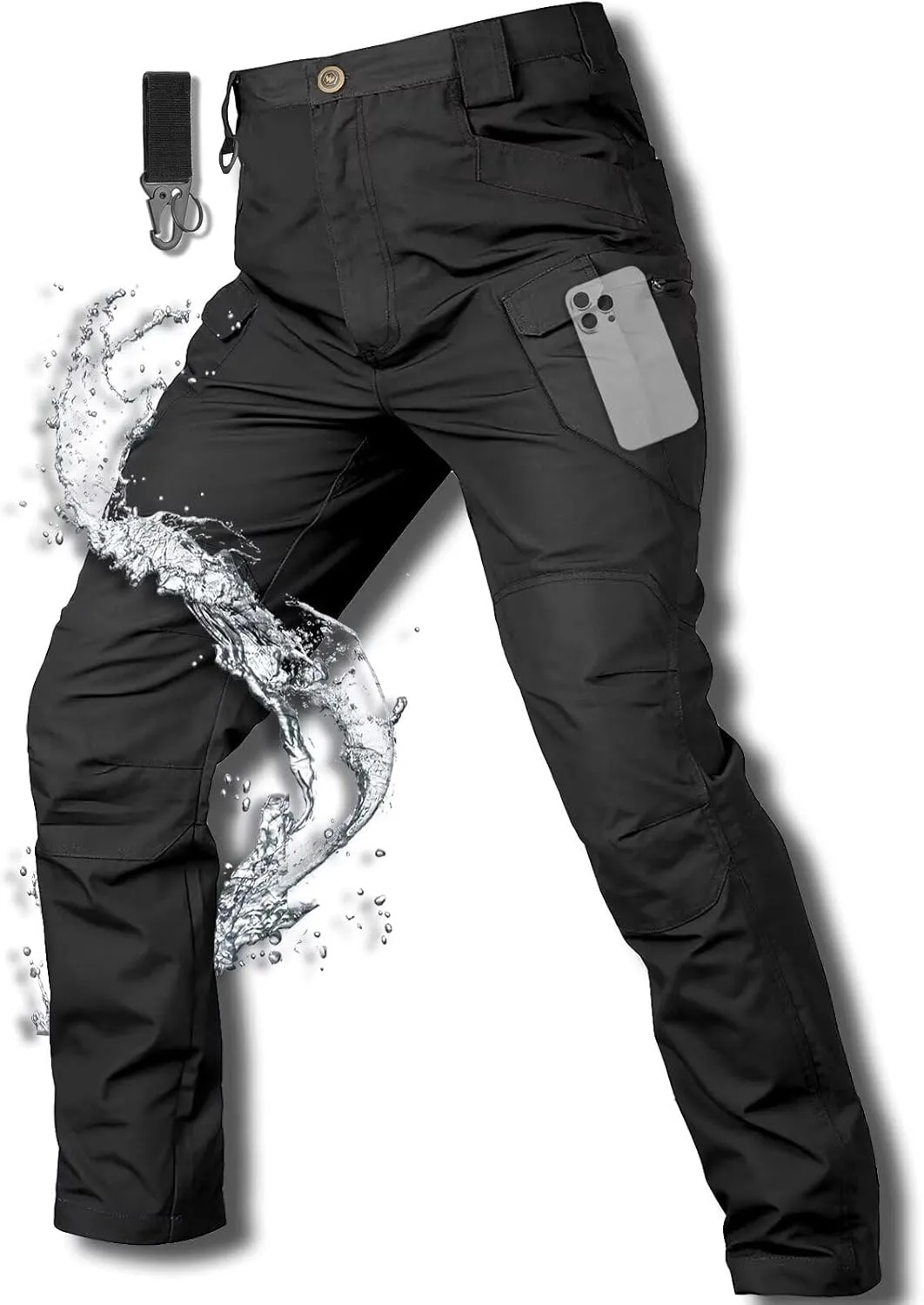 Men's Cargo Work Hiking Tactical Pants,10-Pocket,with Carabiner,Water Resistant,Lightweight Ripstop Outdoor Pants