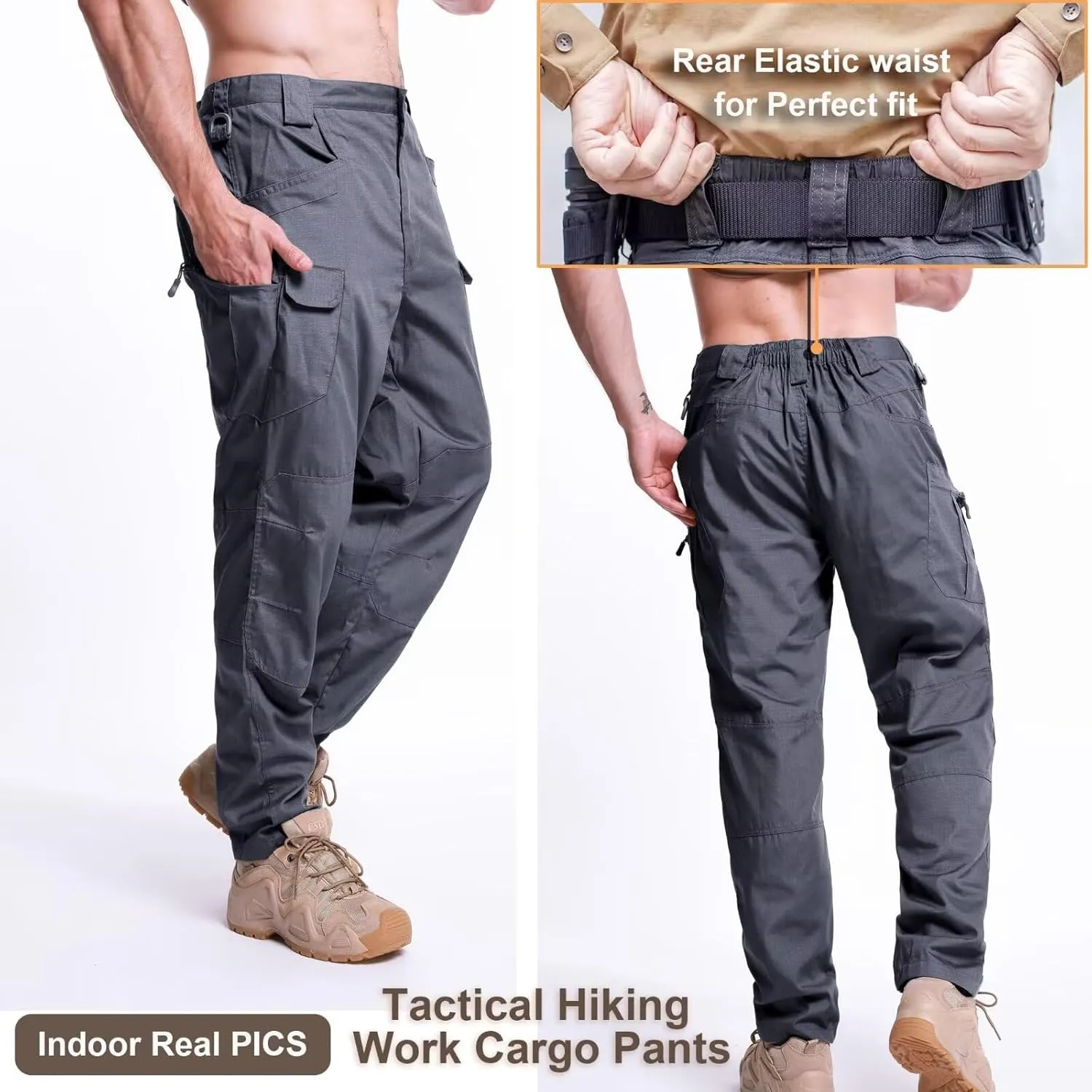 Men's Cargo Work Hiking Tactical Pants,10-Pocket,with Carabiner,Water Resistant,Lightweight Ripstop Outdoor Pants