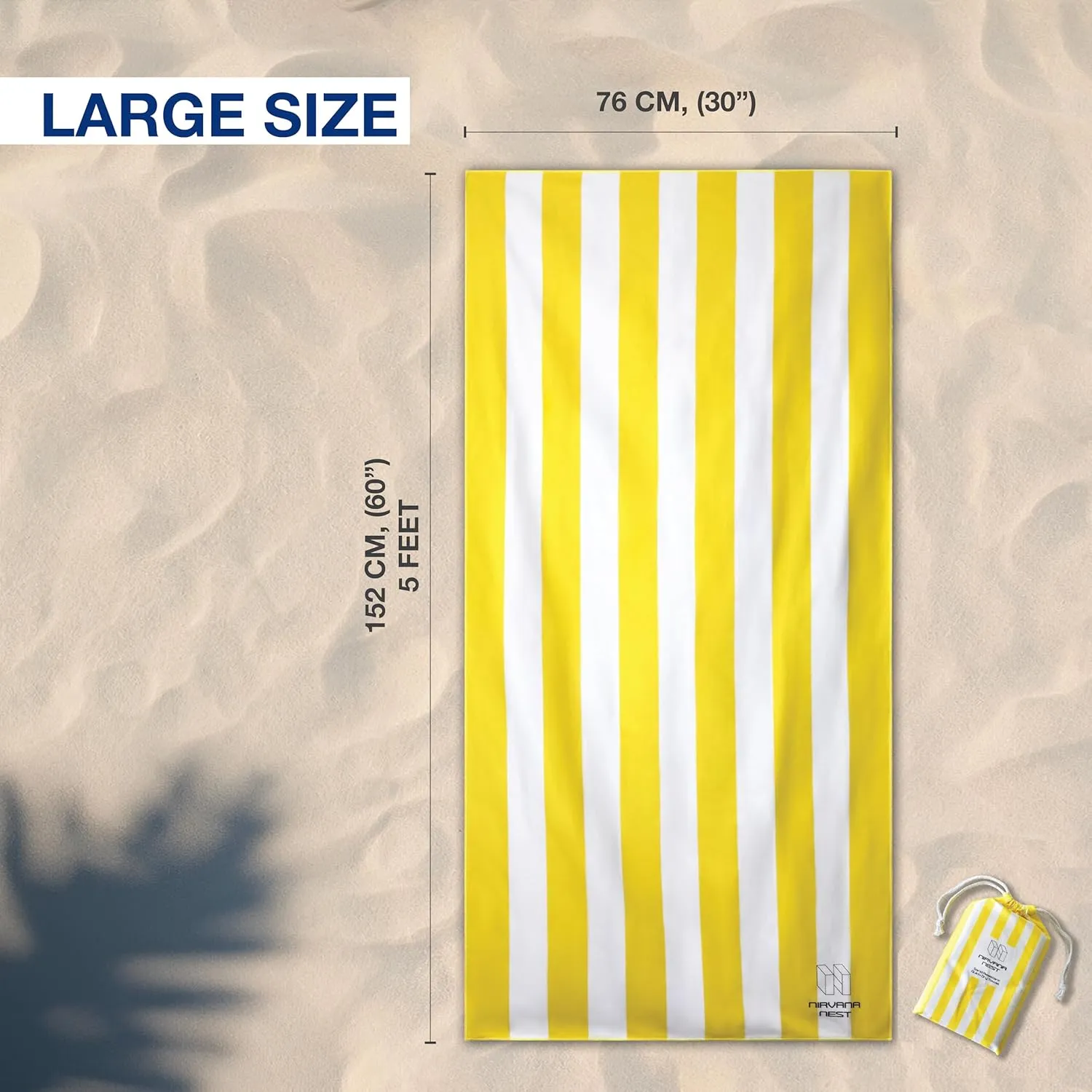 Microfiber Beach Towel, Quick Dry, Compact, Travel-Friendly Towel, Sand Free for Beach, Camping, Swim Pool, Cabana, Gym, Sports & Yoga - Includes Bag - Yellow Sand