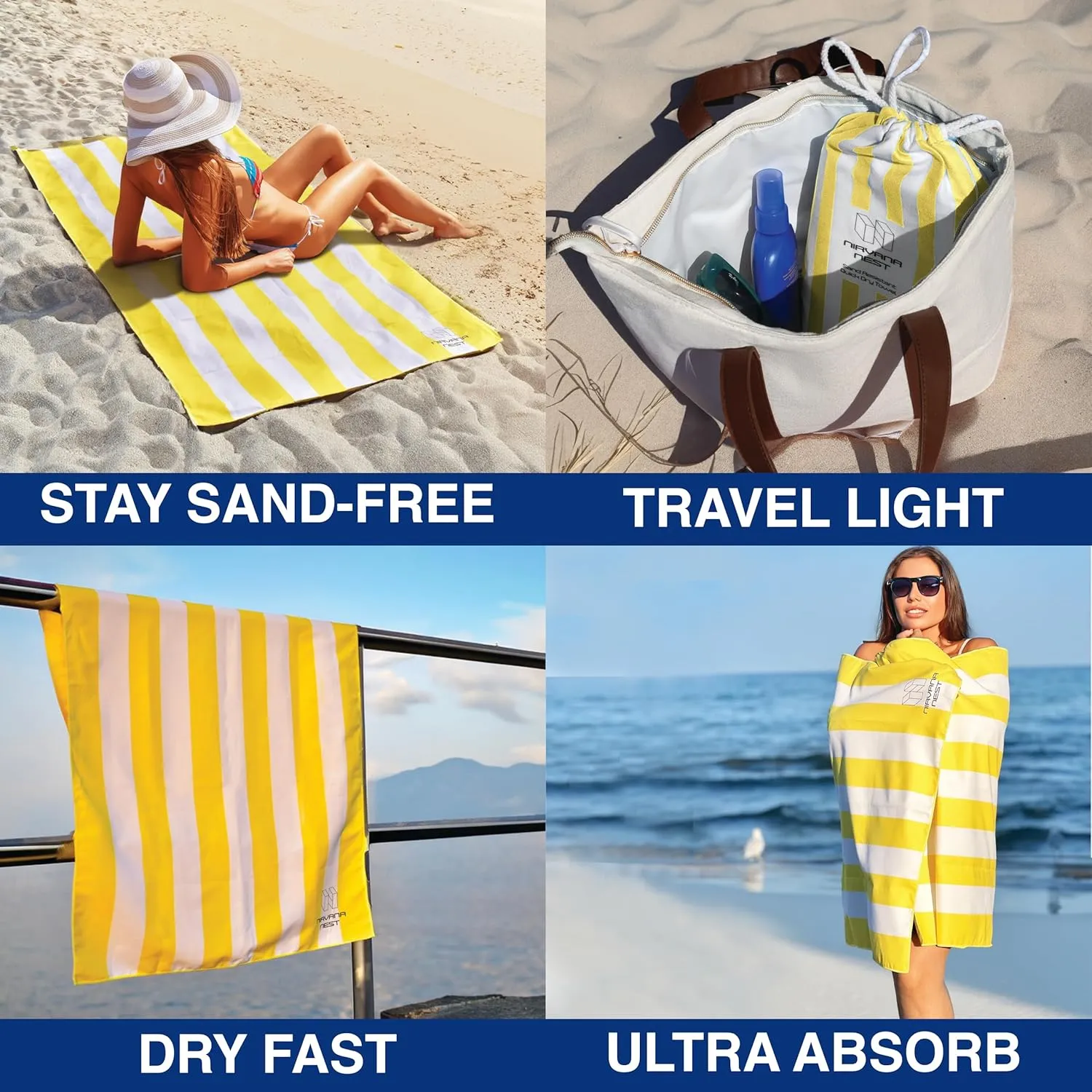 Microfiber Beach Towel, Quick Dry, Compact, Travel-Friendly Towel, Sand Free for Beach, Camping, Swim Pool, Cabana, Gym, Sports & Yoga - Includes Bag - Yellow Sand