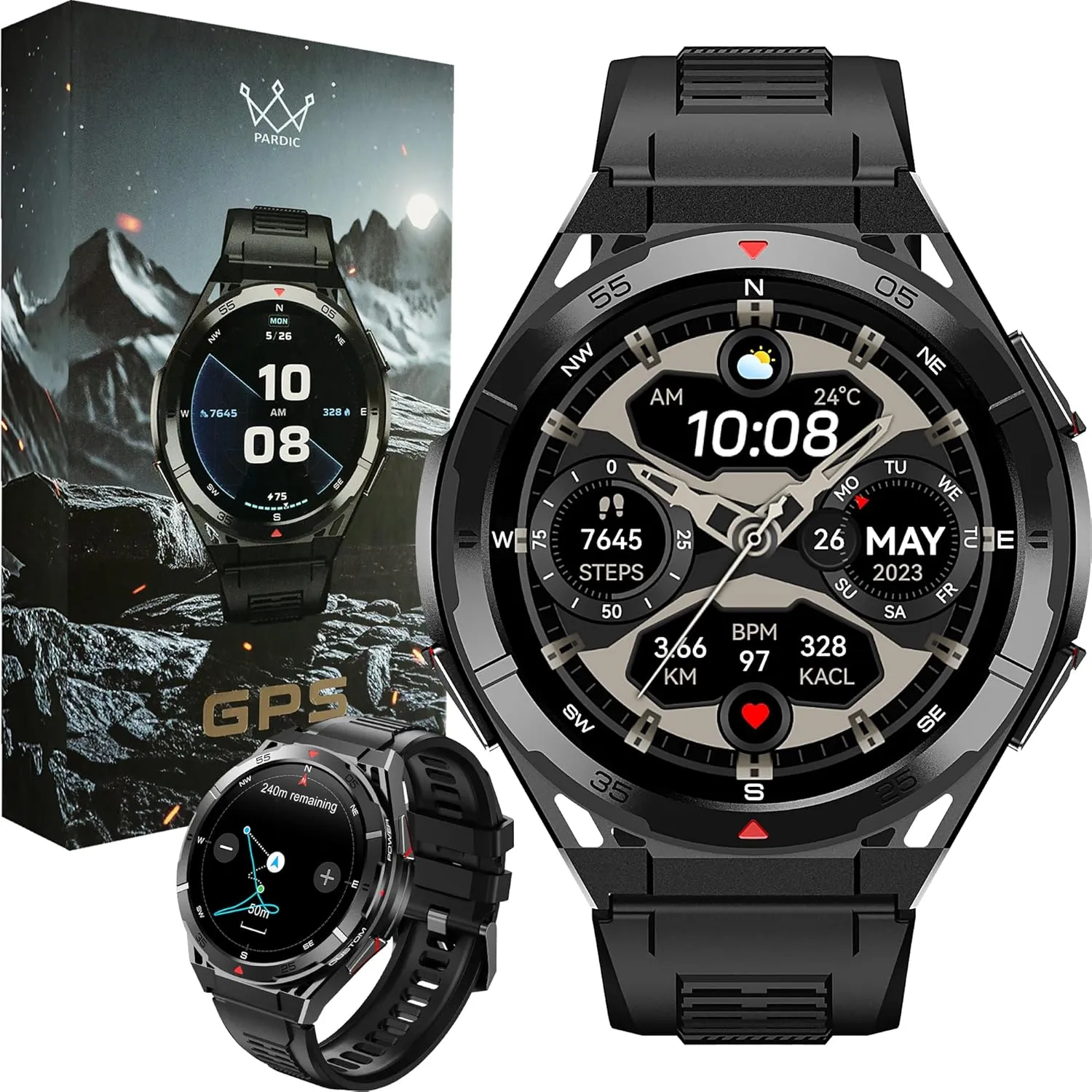 Military GPS Smart Watch: 1.43” AMOLED Always On Display, Built-In GPS, Compass, Altimeter, Barometer, Fitness/Path Tracker, BT Call, 150  Sports, IP69K, Voice Assist, Long Battery Life, Android/iOS