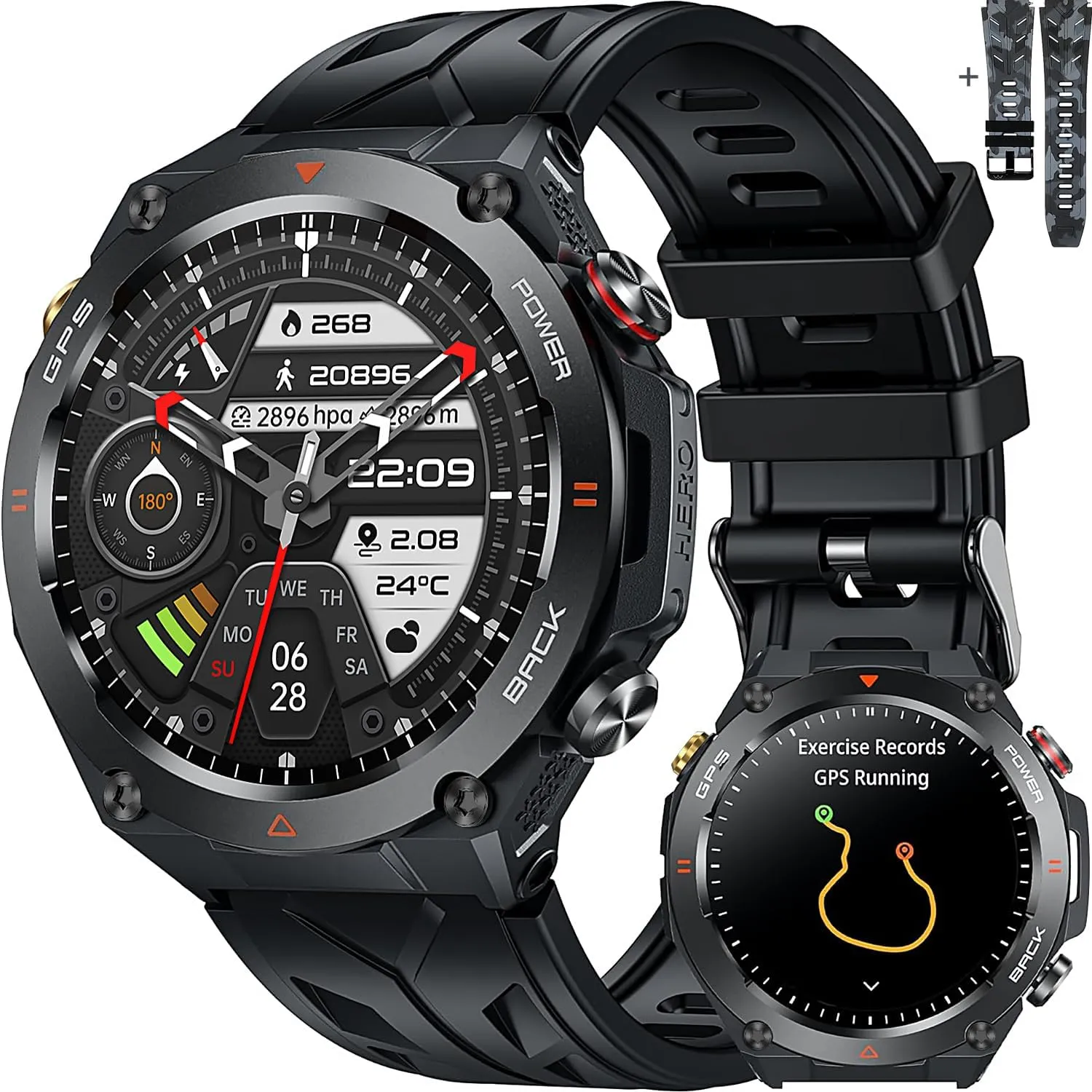 Military GPS Smart Watch: 1.45” IPS Screen, Built-In GPS, Altimeter, Barometer, Compass, Fitness/Wellness Tracker, BT Call, Games, Long Battery Life, 100  Sports, Waterproof, AI Voice, Android/iOS