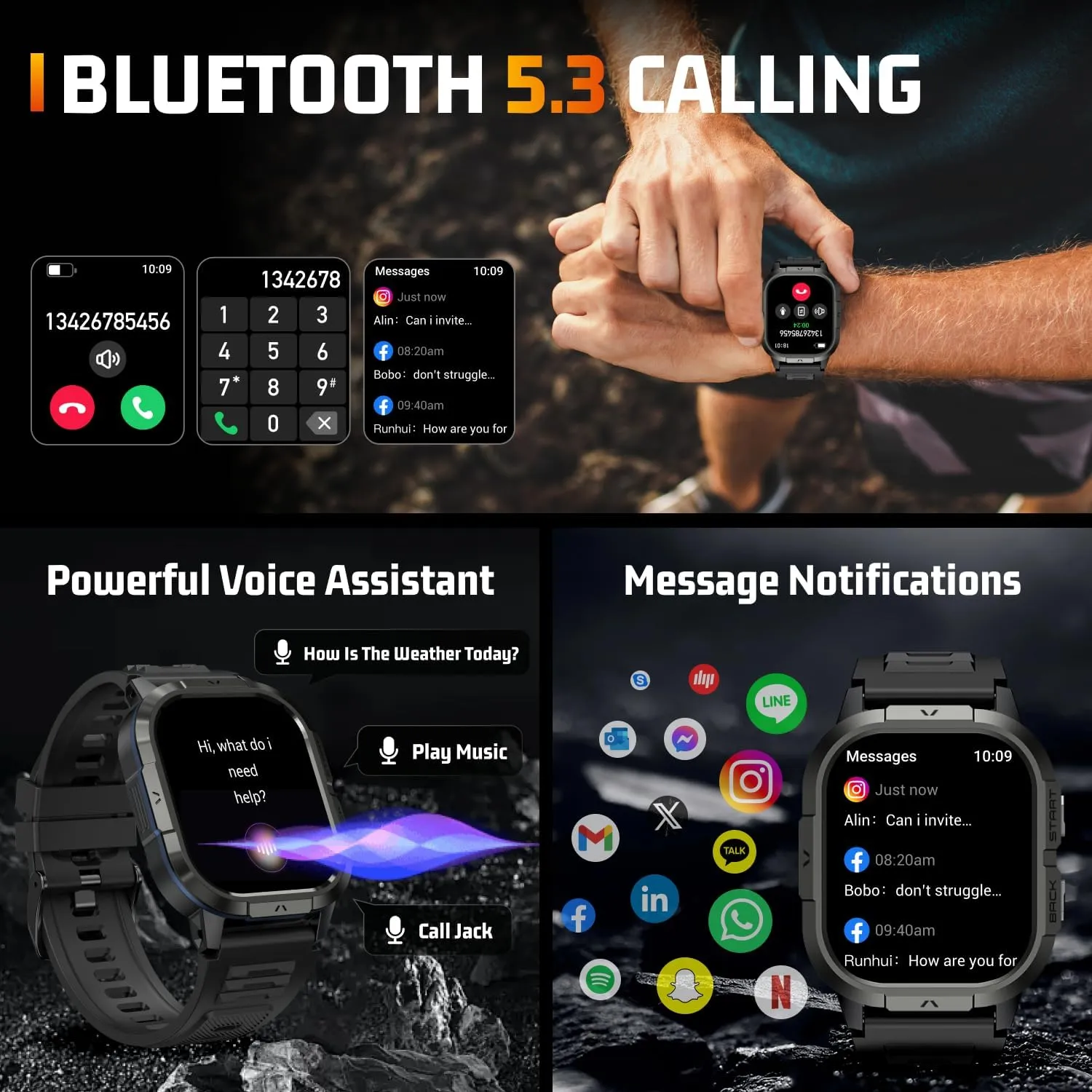 Military Smart Watches for Men-2.06”AMOLED Bluetooth Calls, IP68 Fitness Activity Step Tracker with Sleep Monitor/Pedometer/110  Sports Modes, Tactical Smart Watch for Android iOS Samsung Compatible