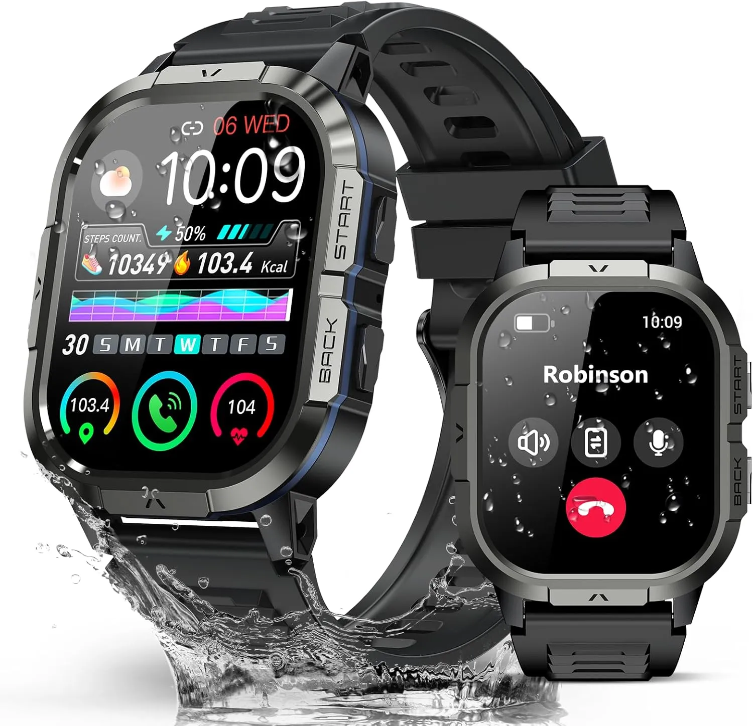 Military Smart Watches for Men-2.06”AMOLED Bluetooth Calls, IP68 Fitness Activity Step Tracker with Sleep Monitor/Pedometer/110  Sports Modes, Tactical Smart Watch for Android iOS Samsung Compatible