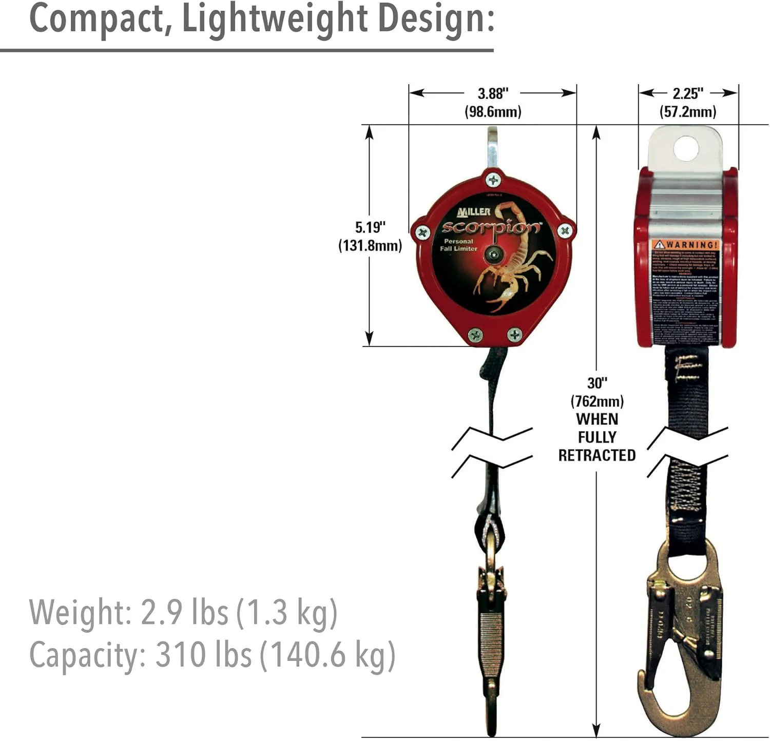 Miller by Honeywell Scorpion 9-Foot Personal Fall Limiter with Twist-Lock Carabiner & Locking Snap Hook, 310 lb. Capacity (PFL-2-Z7/9FT), Red
