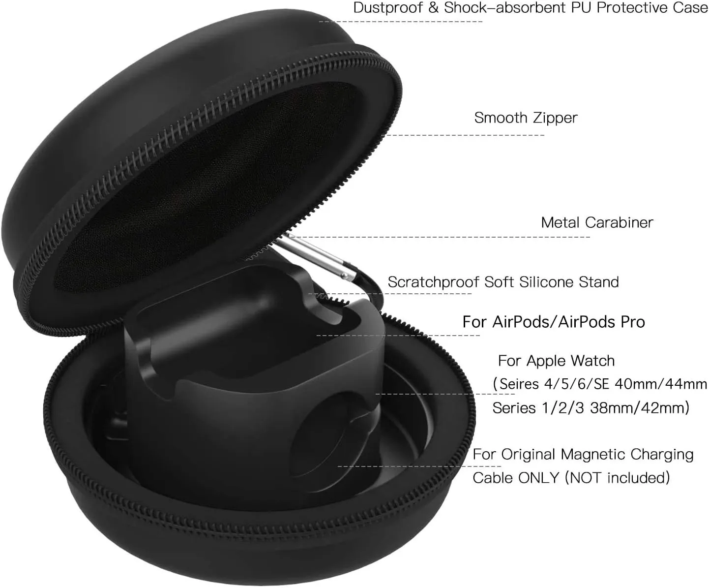 MoKo Storage Box Compatible Apple Watch Series 10/9/8/7/6/5/4/3/2/1/SE,Portable Protective Travel Bag Fit iWatch 38mm 40mm 41mm 42mm 44mm 45mm 46mm Airpods Pro/3/2/1 Charging Case Station Dock,Black