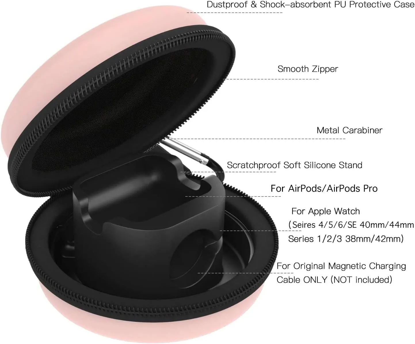 MoKo Storage Box Compatible with Apple Watch Series 10/9/8/7/6/5/4/3/2/1/SE,Portable Protective Travel Bag Fit iWatch 38mm 40mm 41mm 42mm 44mm 45mm 46mm Airpods Pro/3/2/1 Charging Case Dock,Rose Gold
