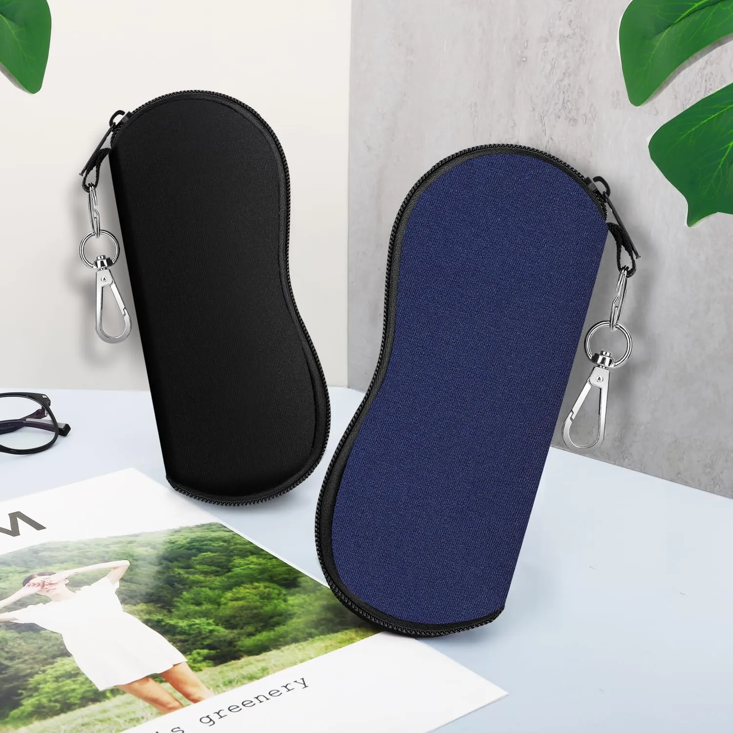 MoKo Sunglasses Soft Case 2 Pack, Ultra Light Portable Neoprene Zipper Glasses Case, Eyeglass Safety Pouch Box with Belt Clip