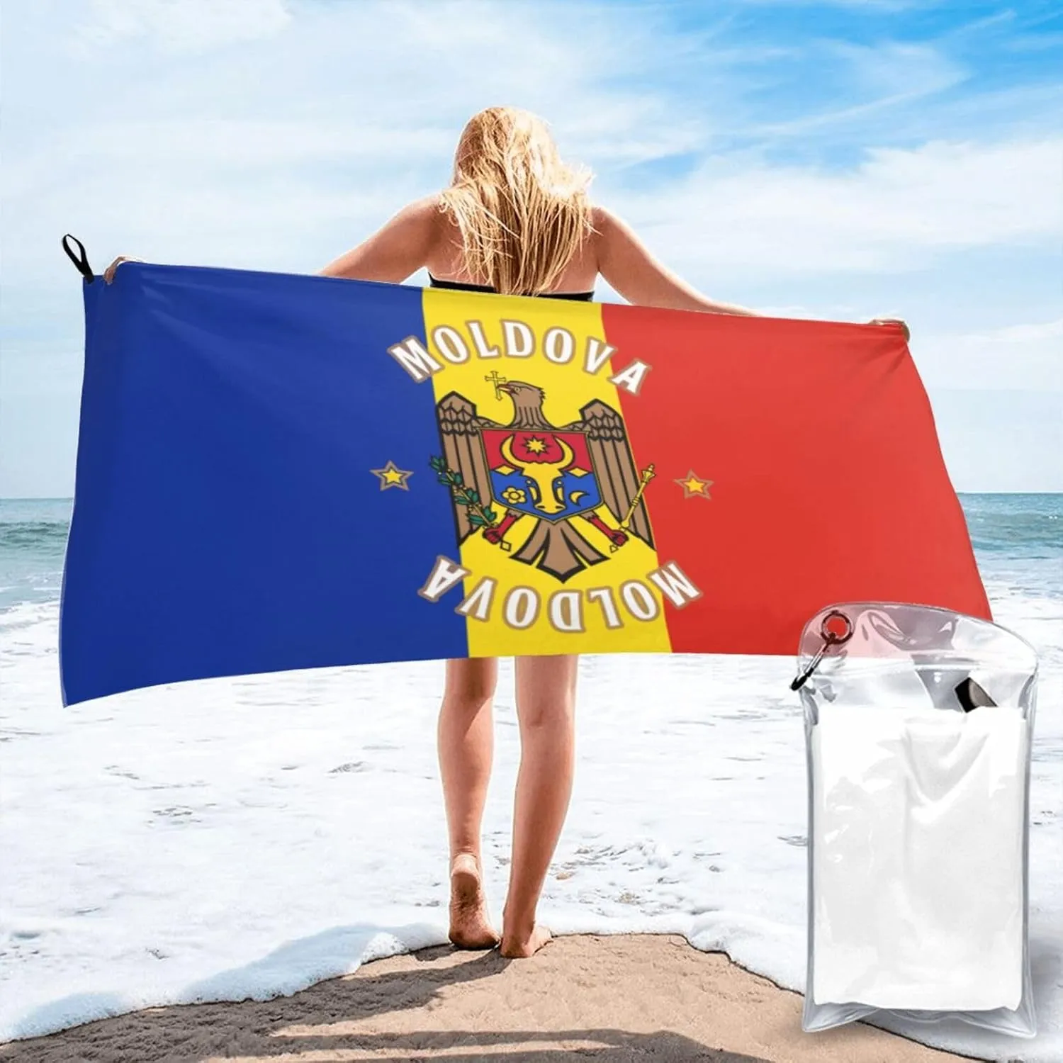 Moldova Flag Moldova Emblem Beach Towels for Women Men 31 x 63 inches Bath Towel with Travel Bag Quick Dry Swim Towels for Sport Gift